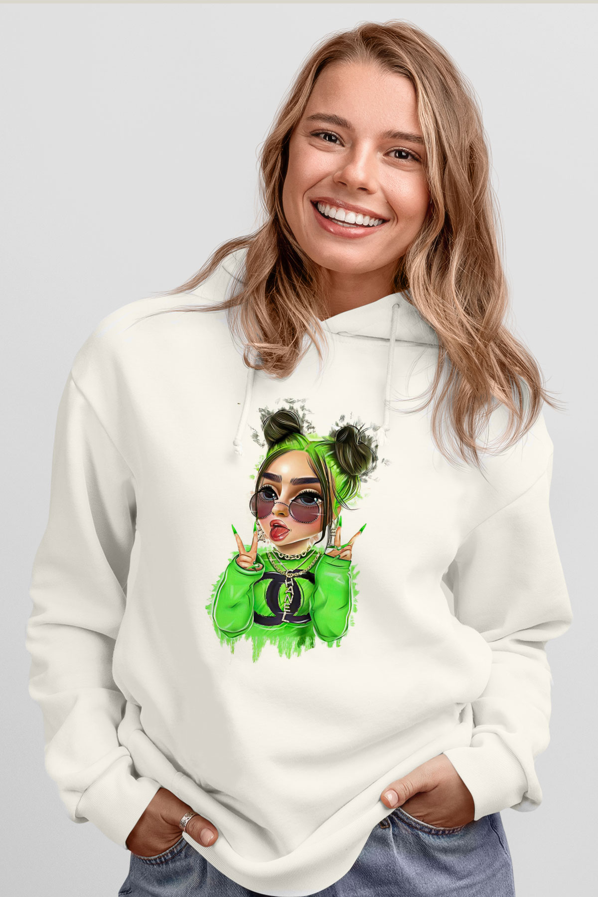 Billie Eilish Baskılı Beyaz Unisex Kapüşonlu Sweatshirt