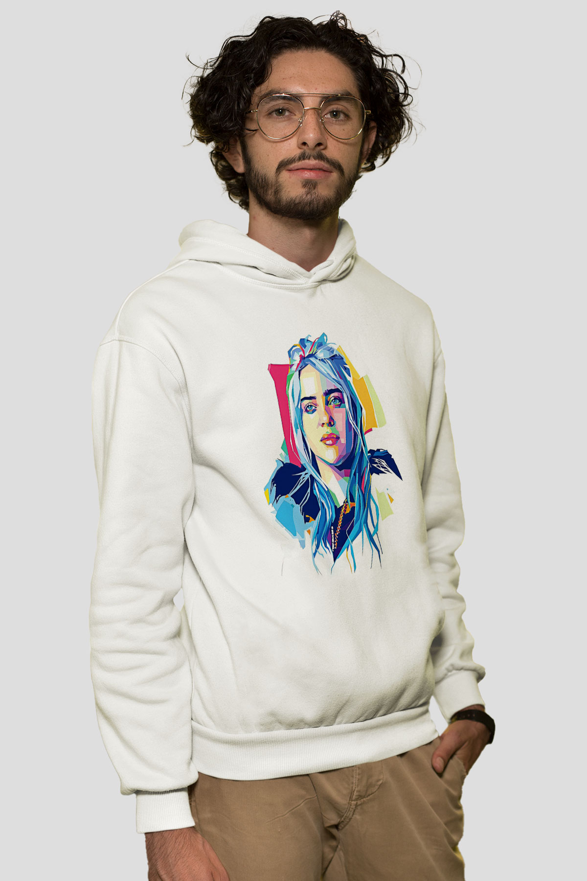 Billie Eilish Baskılı Beyaz Unisex Kapüşonlu Sweatshirt