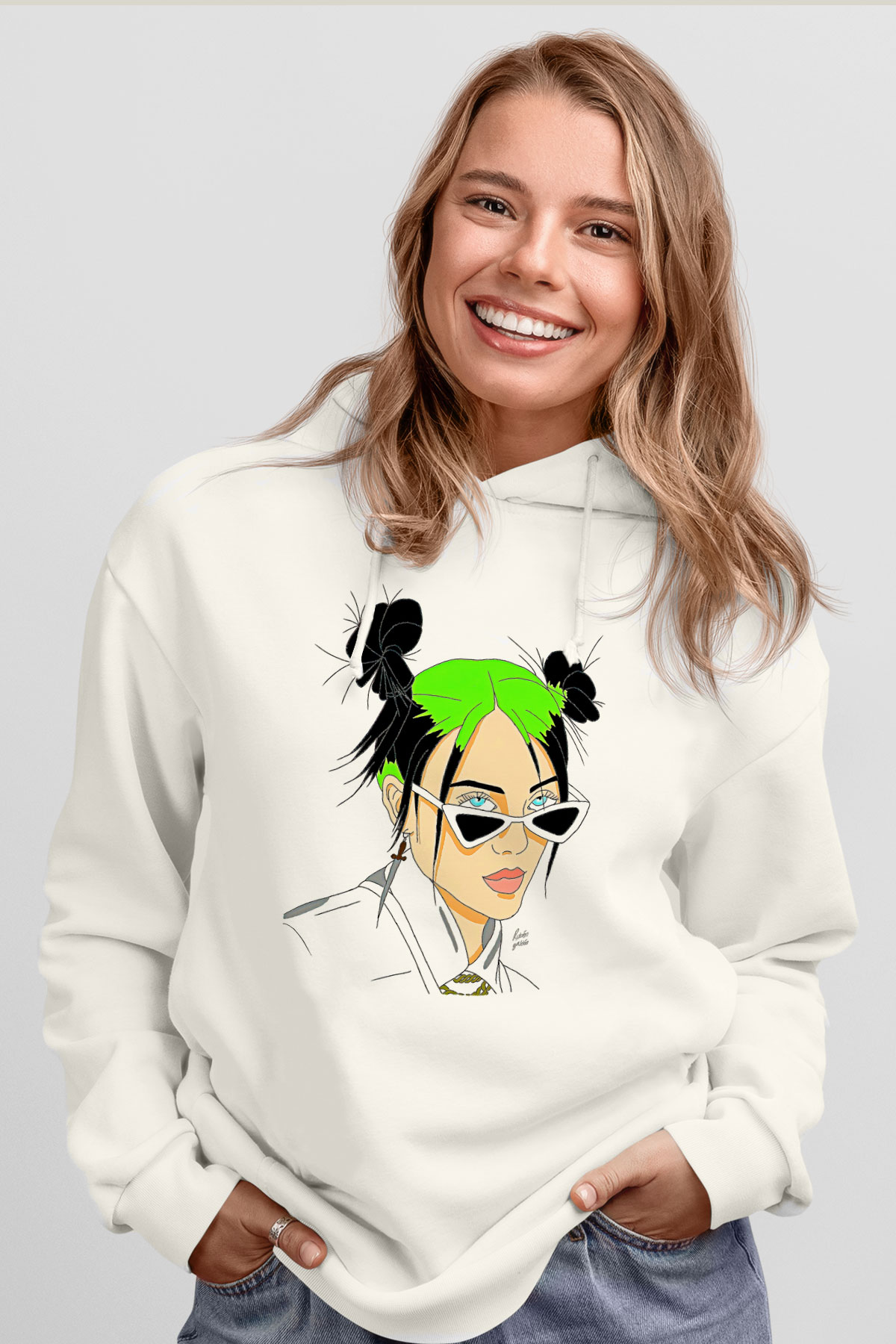 Billie Eilish Baskılı Beyaz Unisex Kapüşonlu Sweatshirt