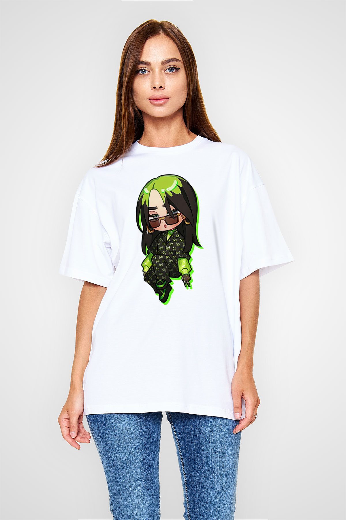 Billie Eilish Baskılı Beyaz Unisex Oversize Tişört - Tshirt