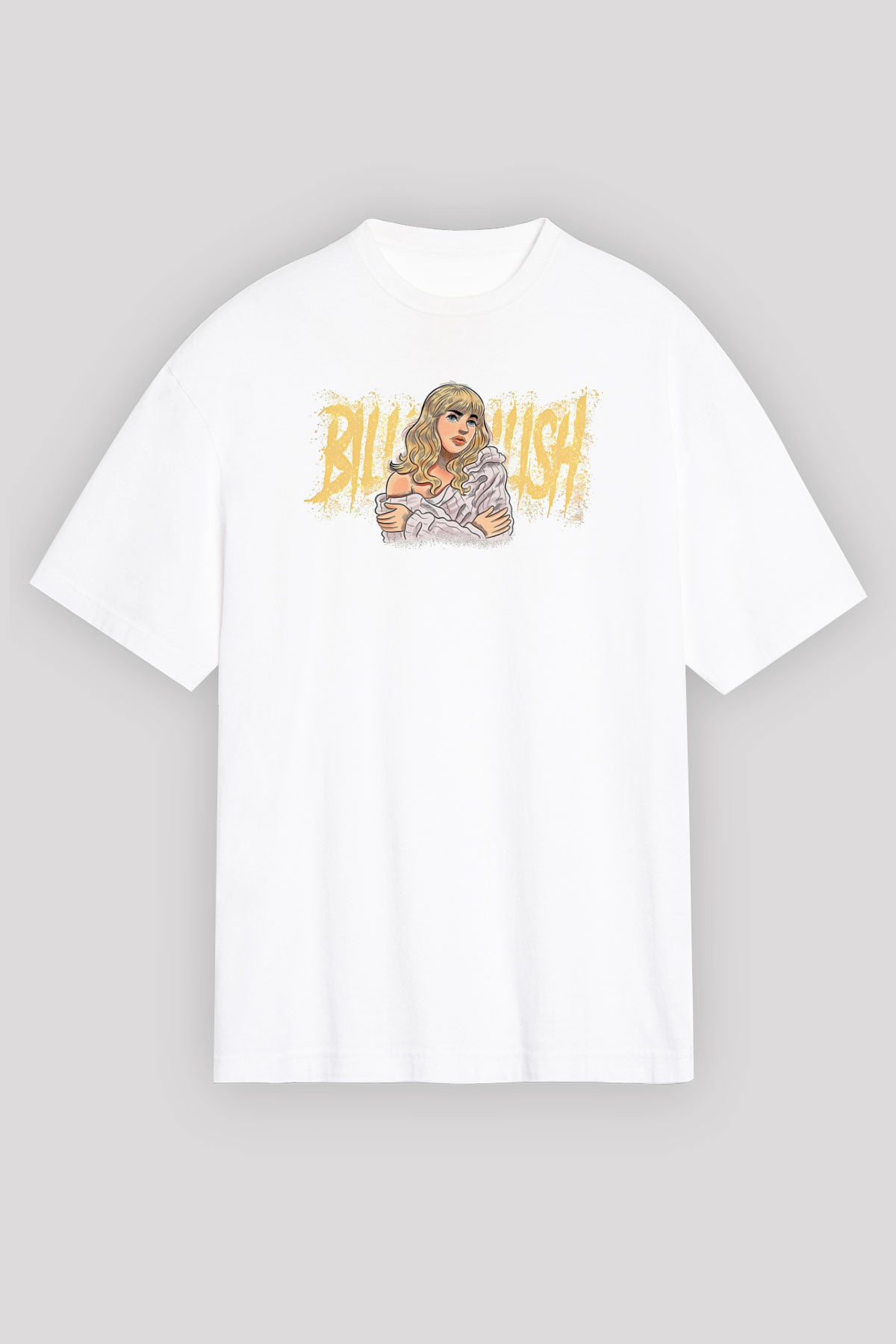 Billie Eilish Baskılı Beyaz Unisex Oversize Tişört - Tshirt