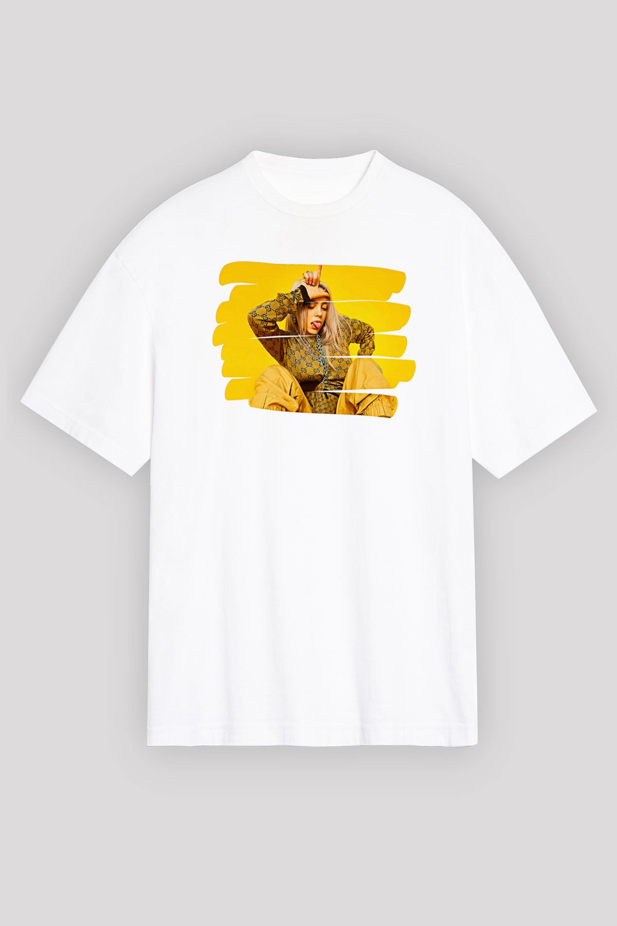 Billie Eilish Baskılı Beyaz Unisex Oversize Tişört - Tshirt