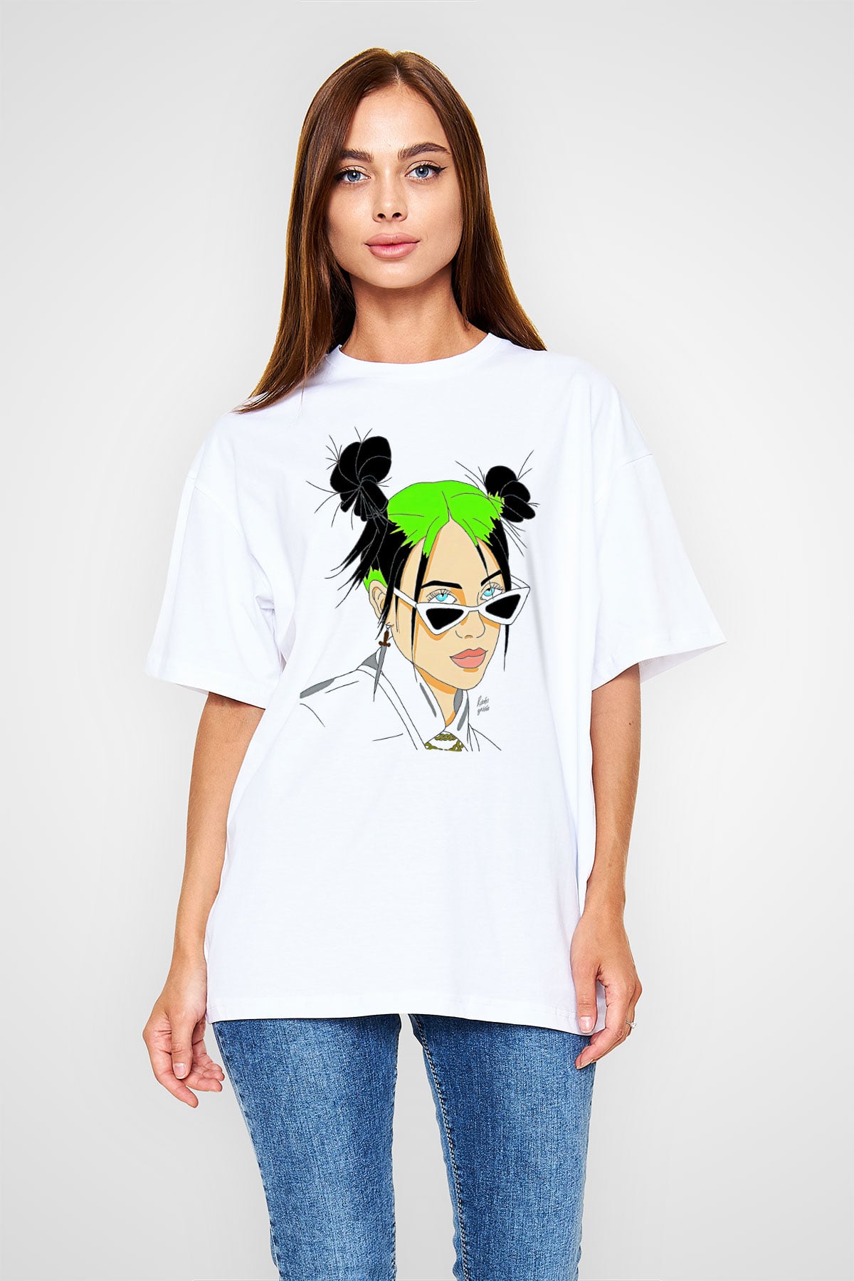 Billie Eilish Baskılı Beyaz Unisex Oversize Tişört - Tshirt