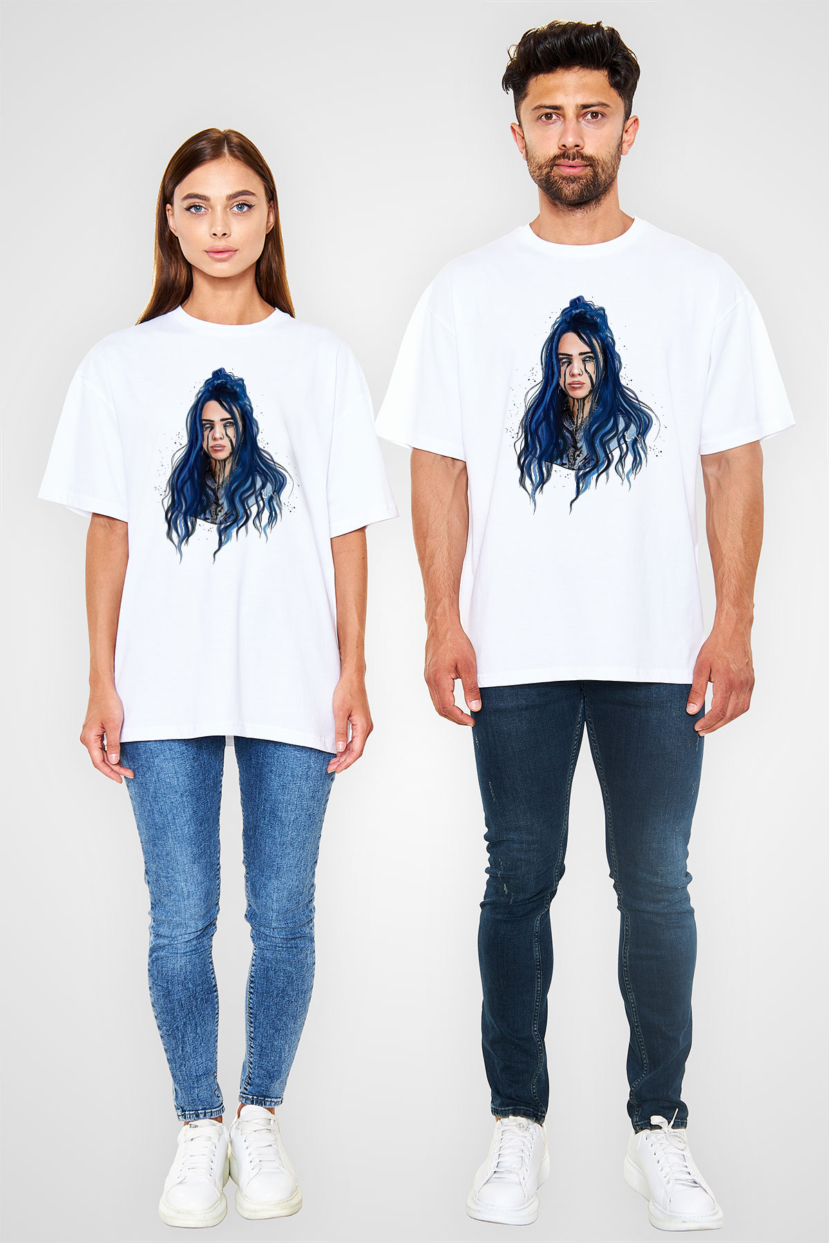 Billie Eilish Baskılı Beyaz Unisex Oversize Tişört - Tshirt