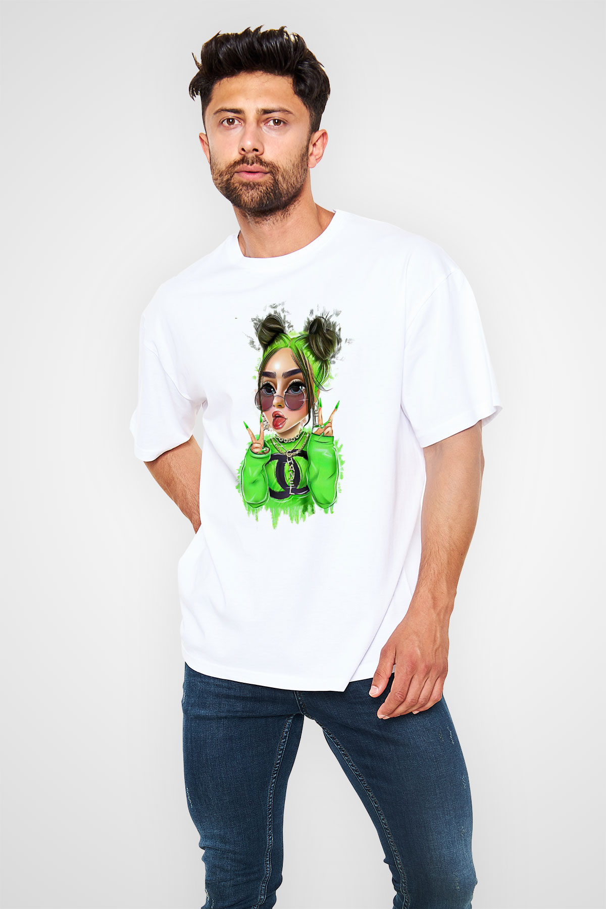 Billie Eilish Baskılı Beyaz Unisex Oversize Tişört - Tshirt