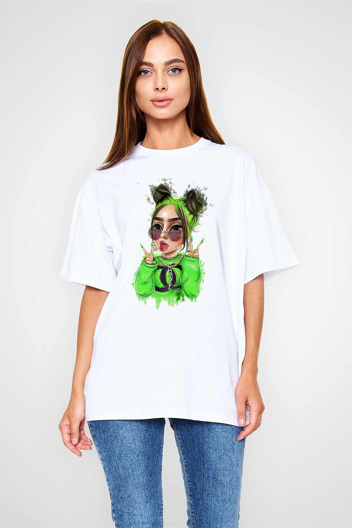 Billie Eilish Baskılı Beyaz Unisex Oversize Tişört - Tshirt