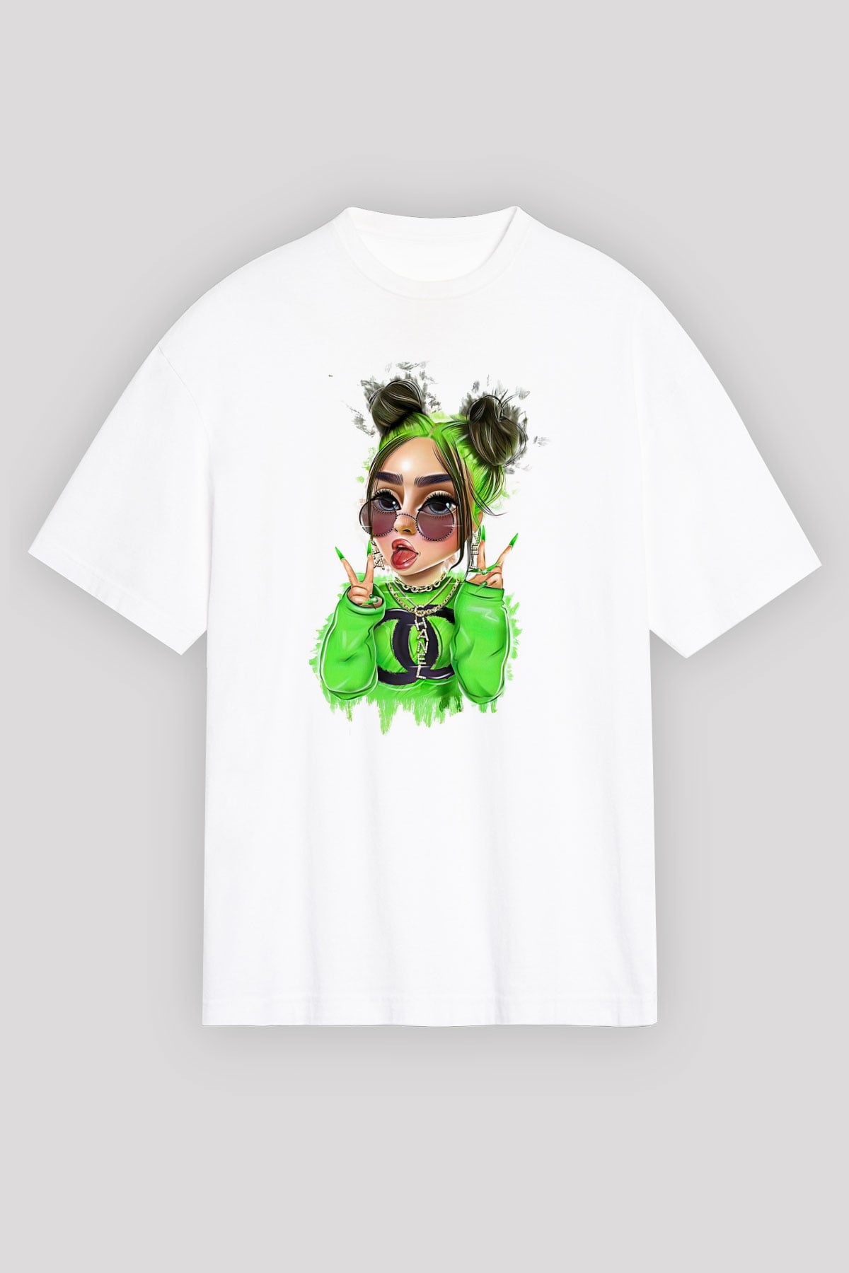 Billie Eilish Baskılı Beyaz Unisex Oversize Tişört - Tshirt