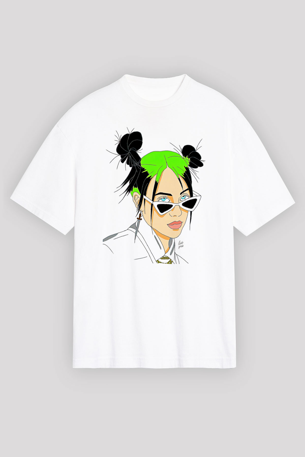 Billie Eilish Baskılı Beyaz Unisex Oversize Tişört - Tshirt