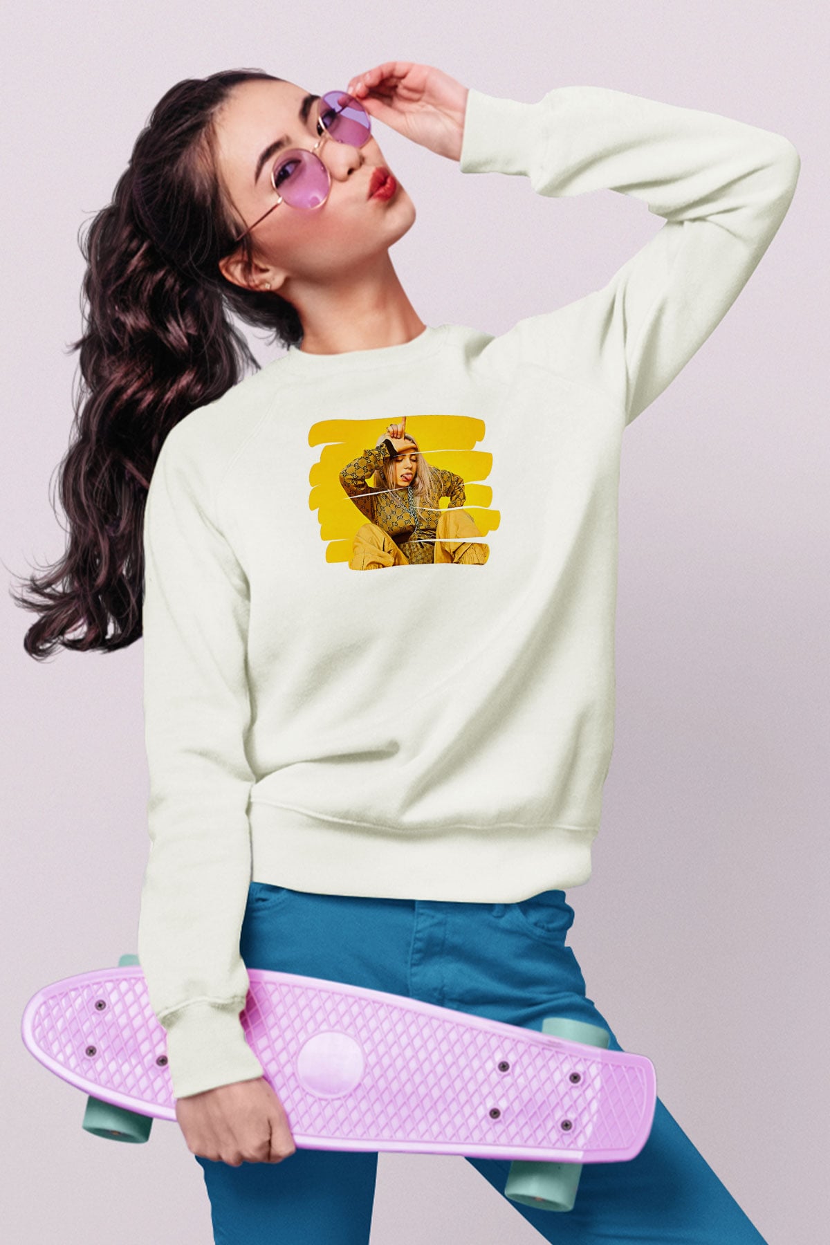 Billie Eilish Baskılı Beyaz Unisex Sweatshirt