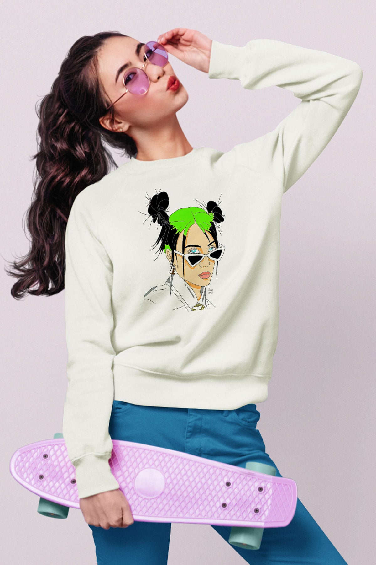 Billie Eilish Baskılı Beyaz Unisex Sweatshirt