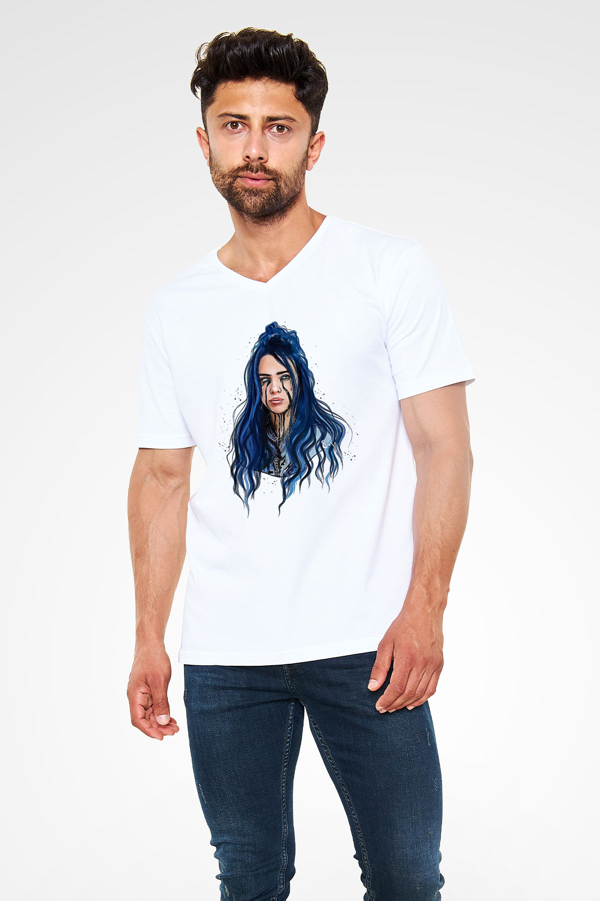 Billie Eilish Baskılı Beyaz Unisex V Yaka Tişört - Tshirt