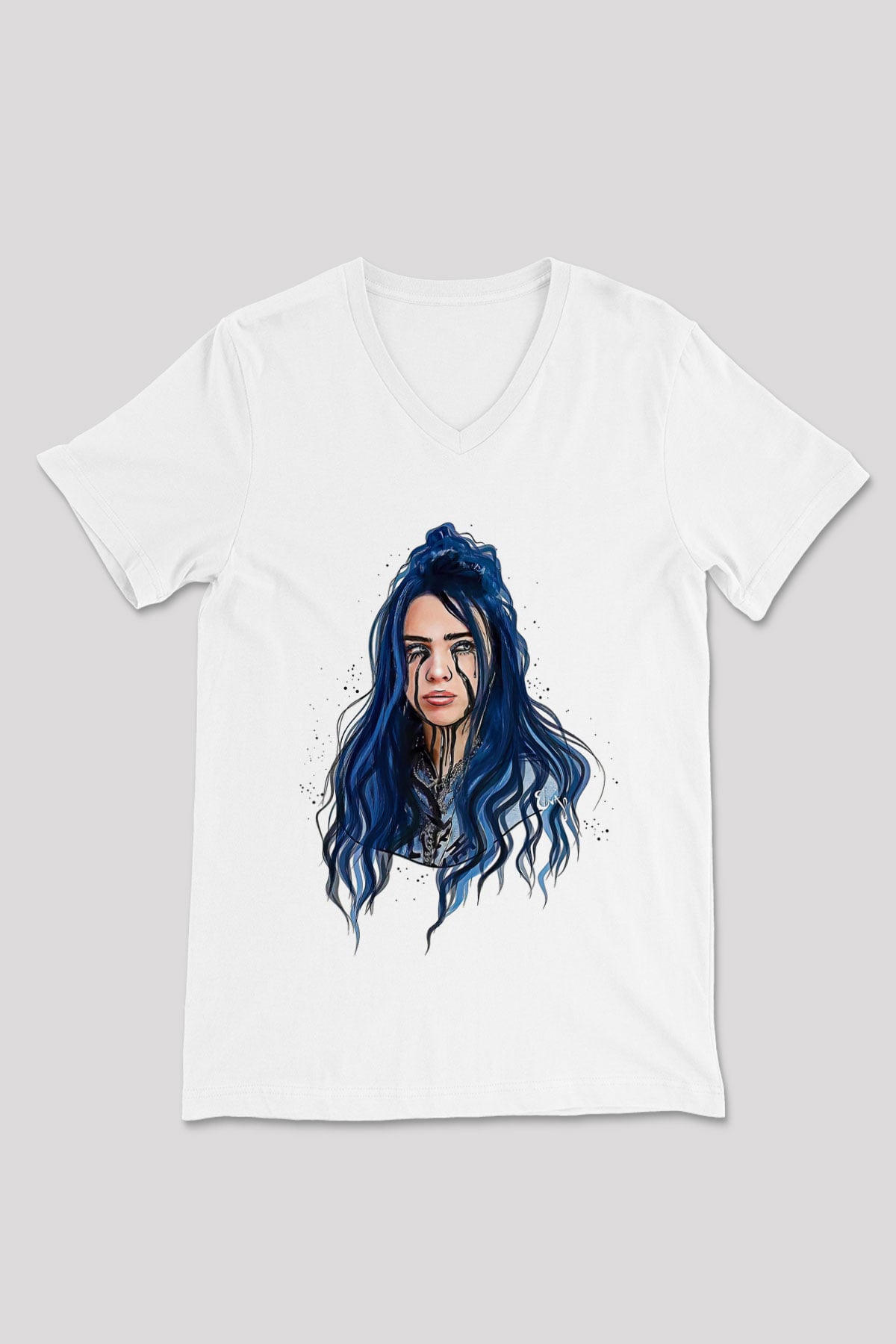 Billie Eilish Baskılı Beyaz Unisex V Yaka Tişört - Tshirt