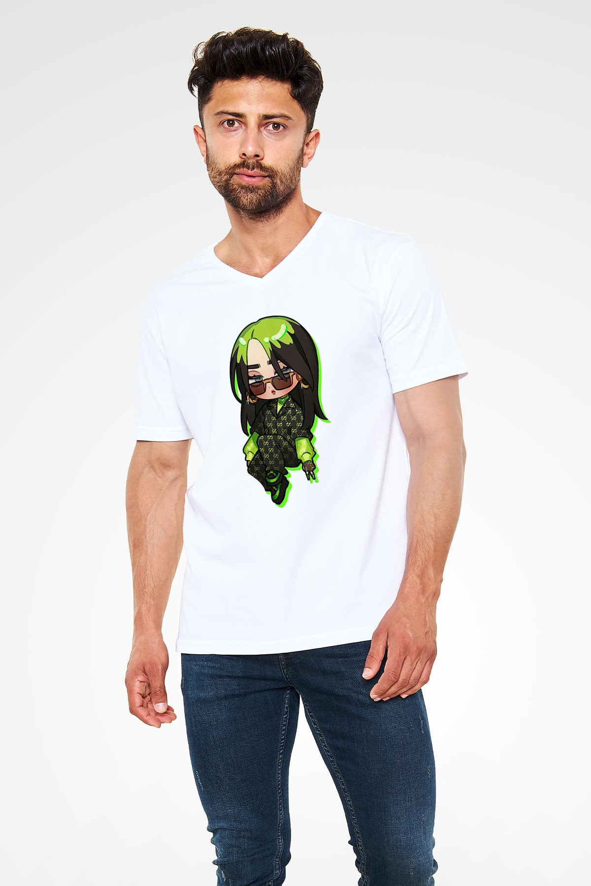Billie Eilish Baskılı Beyaz Unisex V Yaka Tişört - Tshirt