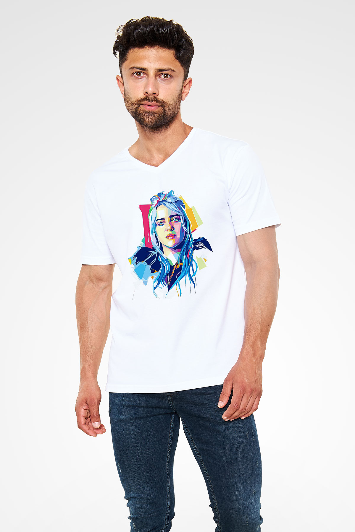 Billie Eilish Baskılı Beyaz Unisex V Yaka Tişört - Tshirt