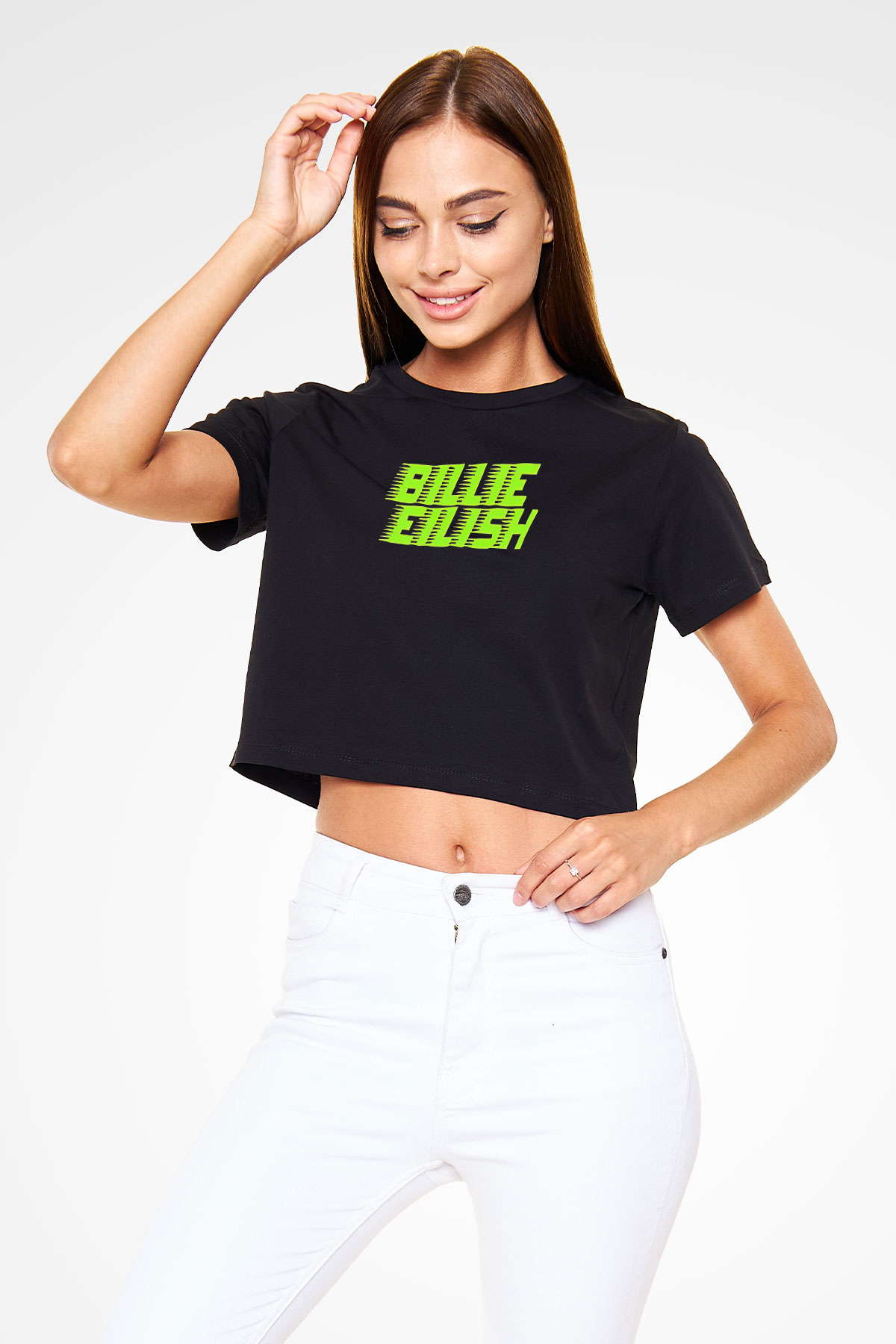 Billie Eilish Baskılı Siyah Crop Top Kadın Tişört - Tshirt