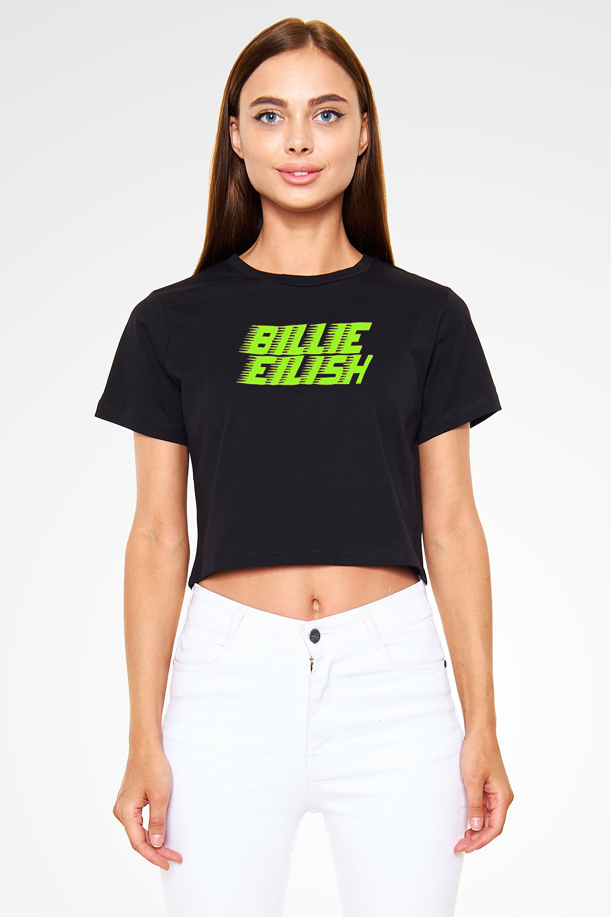 Billie Eilish Baskılı Siyah Crop Top Kadın Tişört - Tshirt