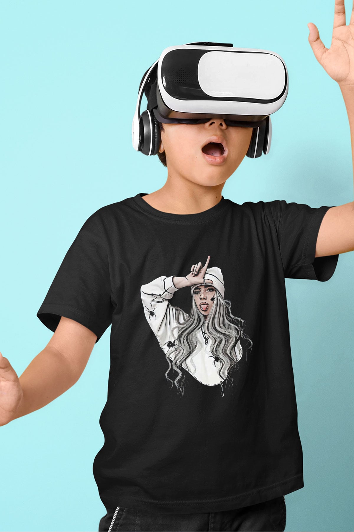 Billie Eilish Baskılı Unisex Siyah Çocuk Tişört - Tshirt