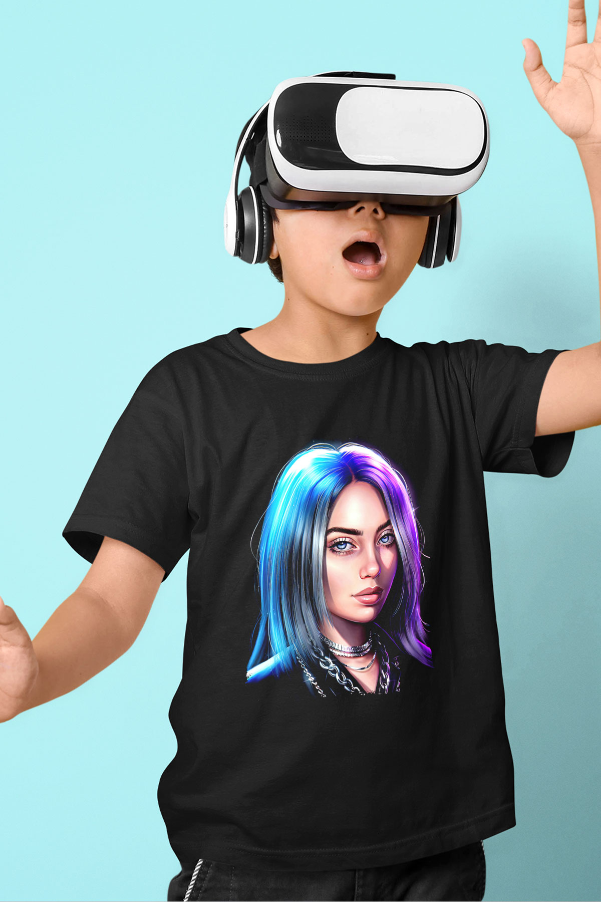 Billie Eilish Baskılı Unisex Siyah Çocuk Tişört - Tshirt
