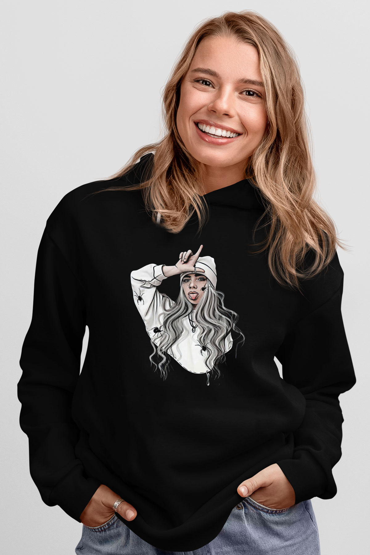 Billie Eilish Baskılı Unisex Siyah Hoodie