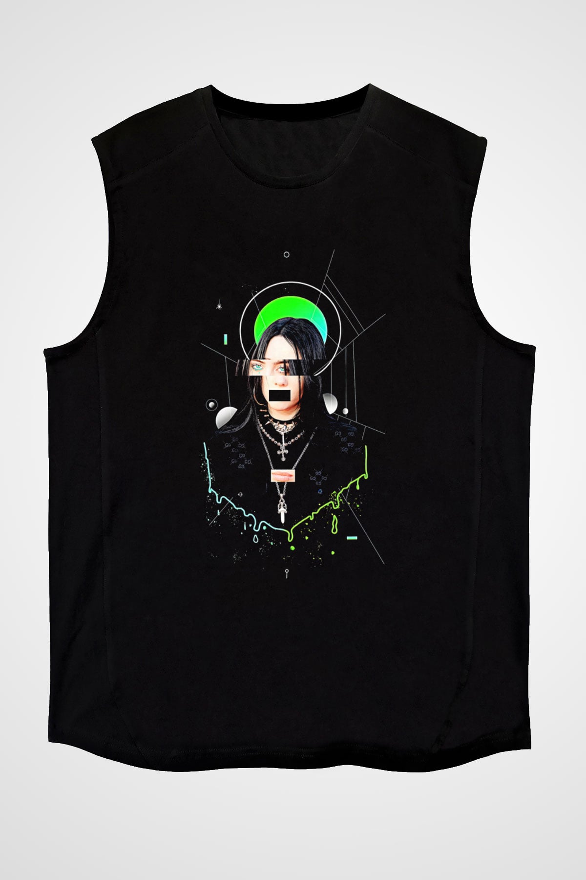 Billie Eilish Baskılı Unisex Siyah Kolsuz Tişört - Tshirt