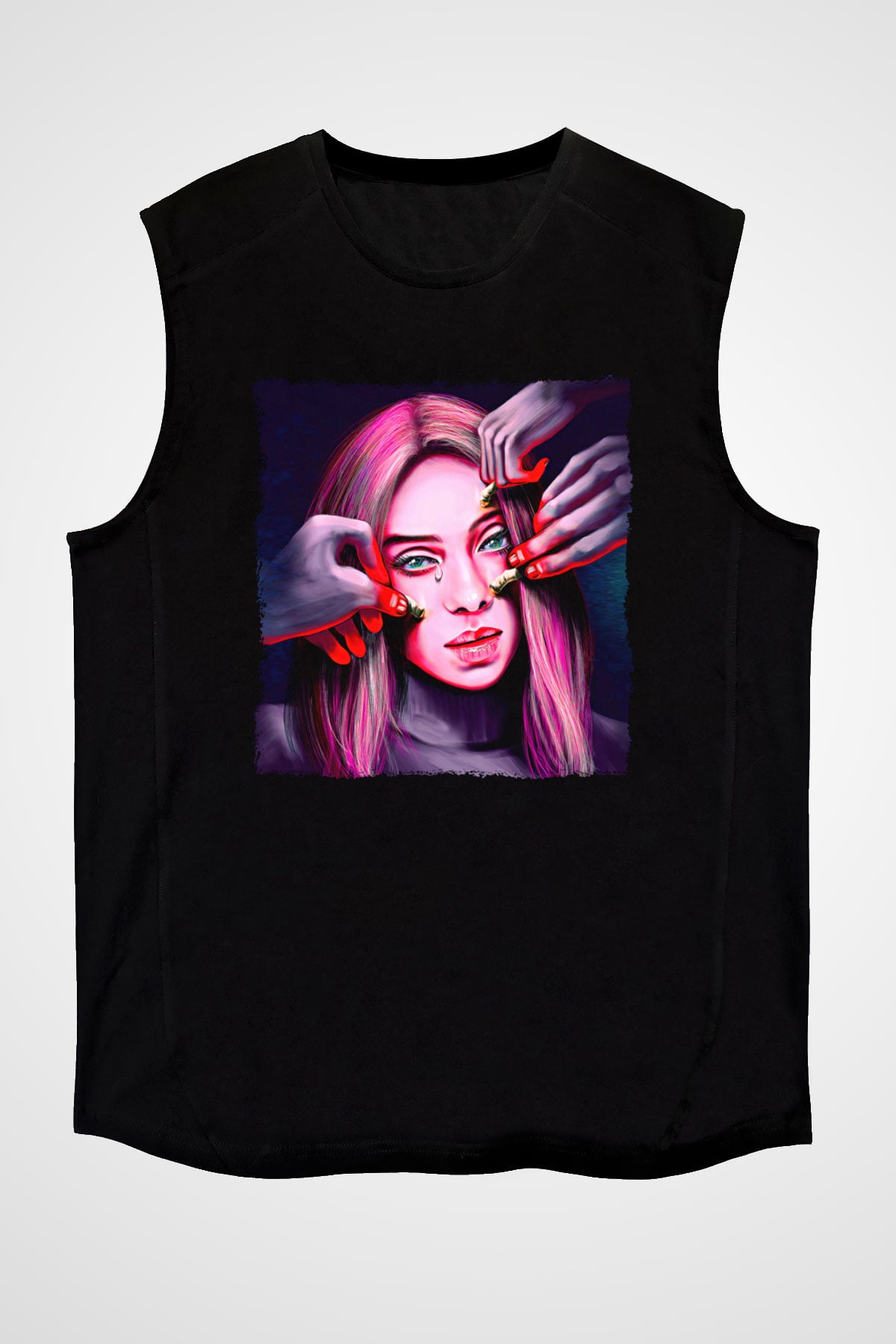 Billie Eilish Baskılı Unisex Siyah Kolsuz Tişört - Tshirt