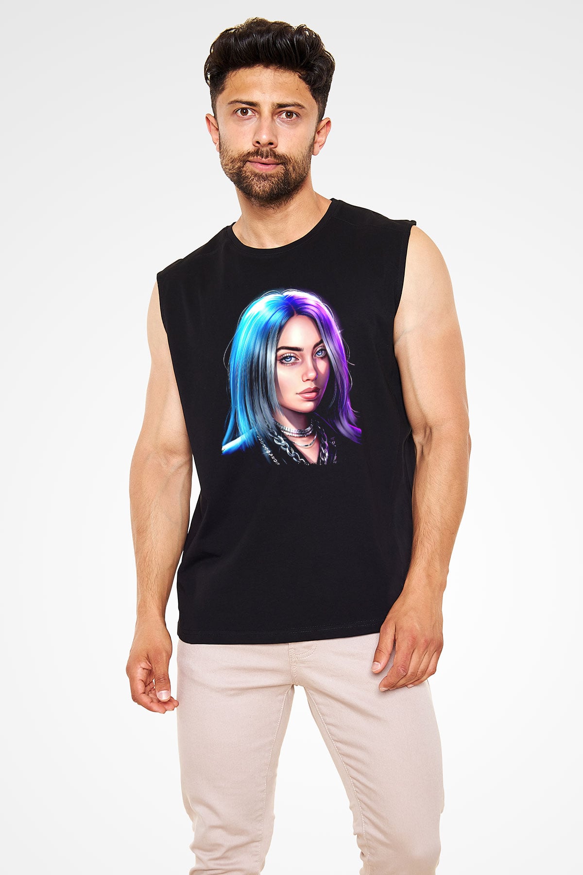 Billie Eilish Baskılı Unisex Siyah Kolsuz Tişört - Tshirt