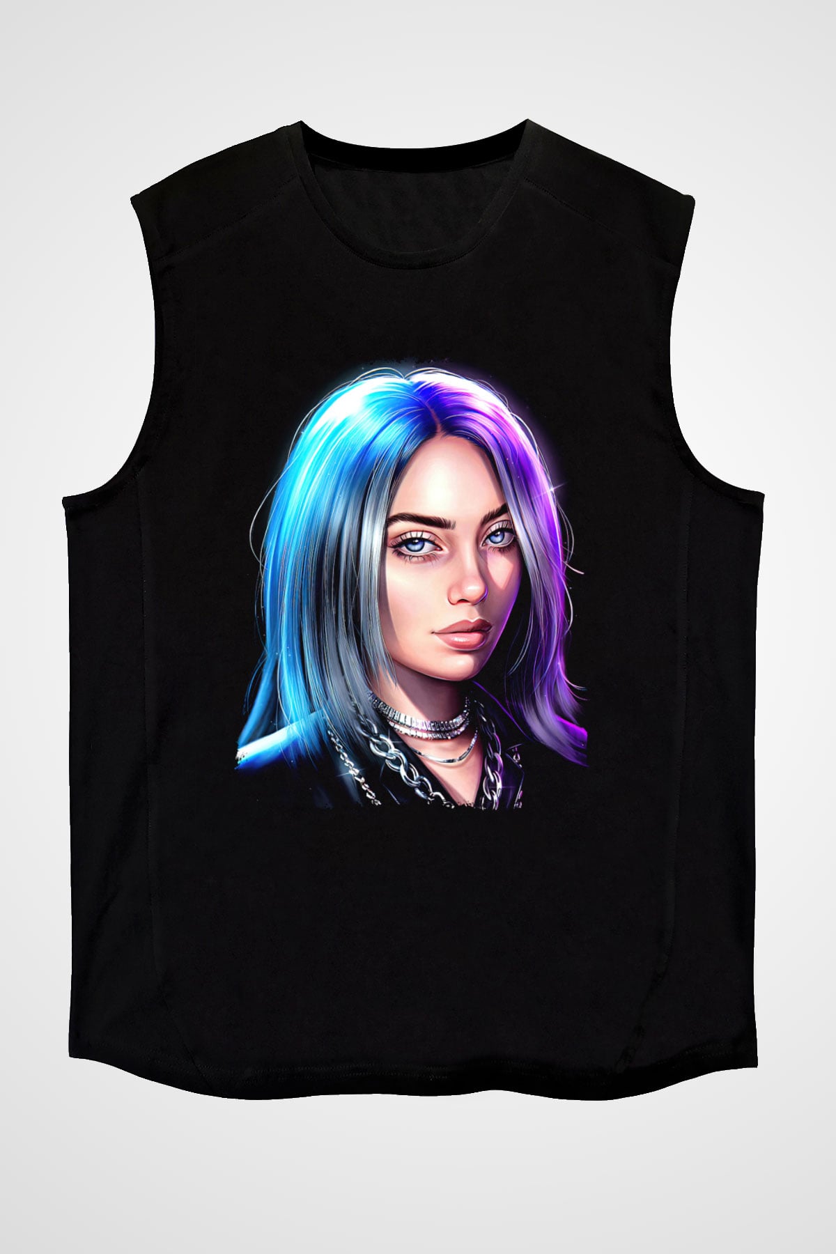 Billie Eilish Baskılı Unisex Siyah Kolsuz Tişört - Tshirt