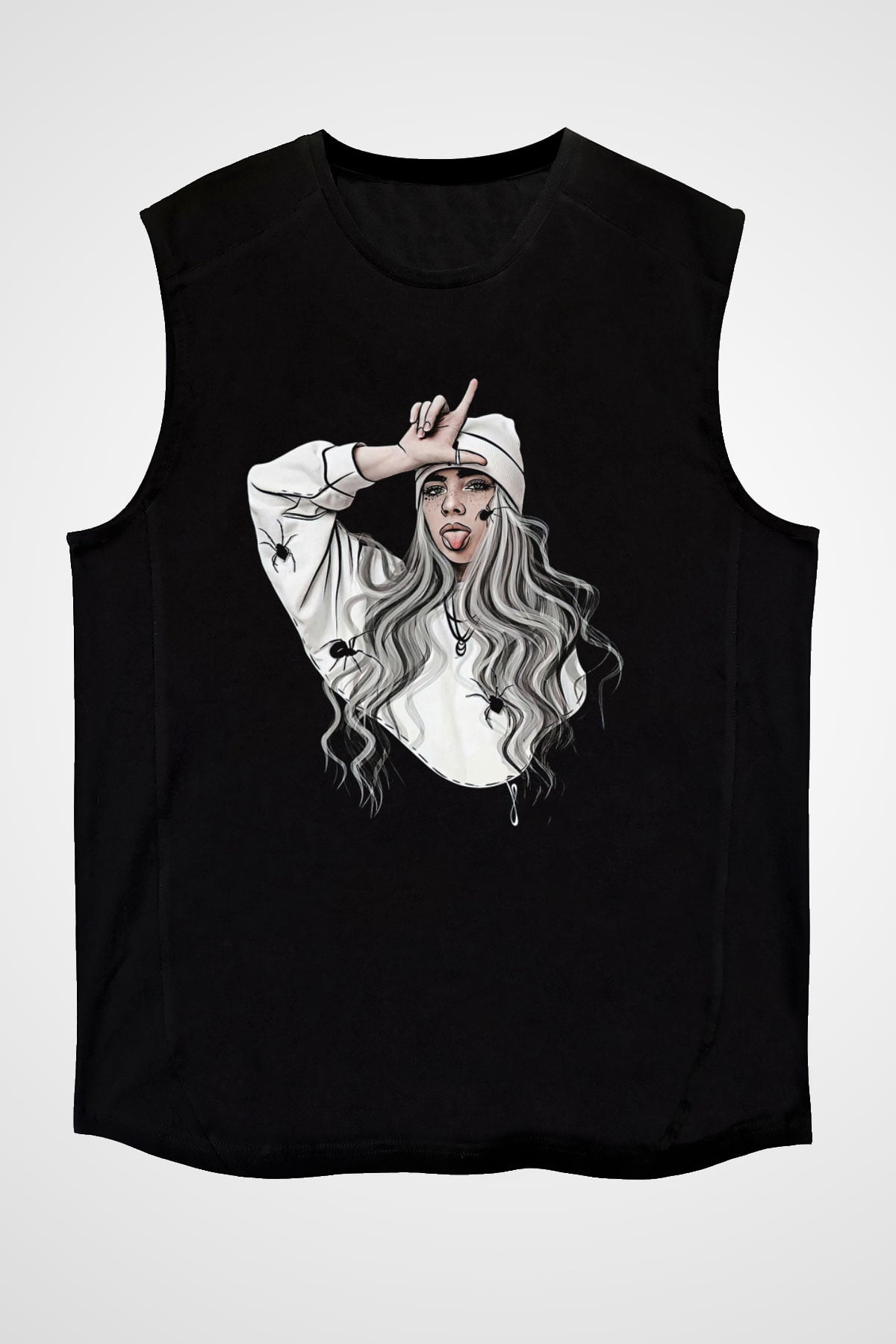 Billie Eilish Baskılı Unisex Siyah Kolsuz Tişört - Tshirt