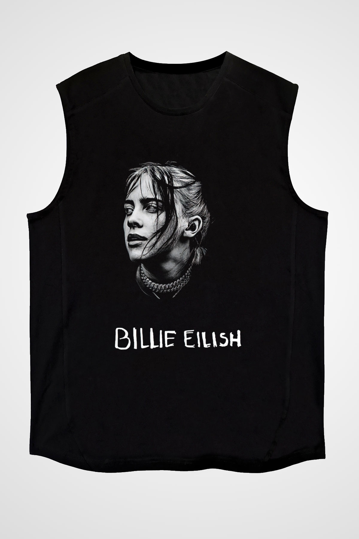 Billie Eilish Baskılı Unisex Siyah Kolsuz Tişört - Tshirt