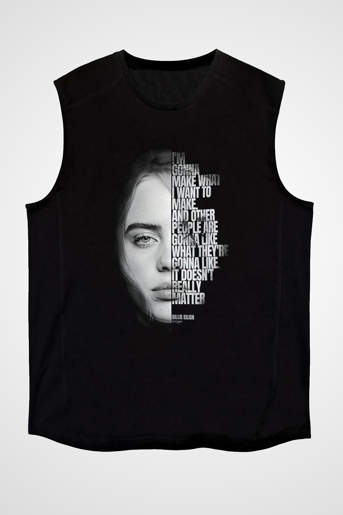 Billie Eilish Baskılı Unisex Siyah Kolsuz Tişört - Tshirt