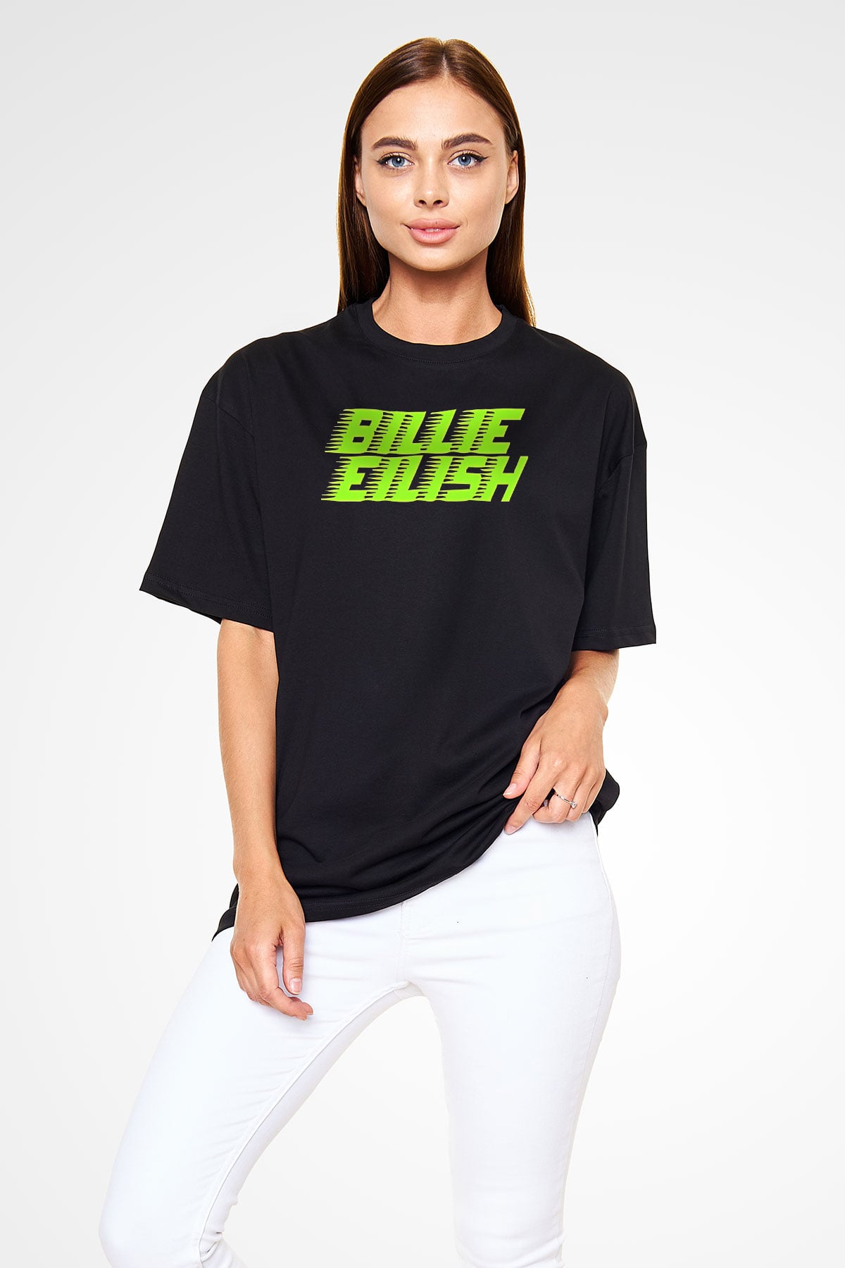 Billie Eilish Baskılı Unisex Siyah Oversize Tişört - Tshirt
