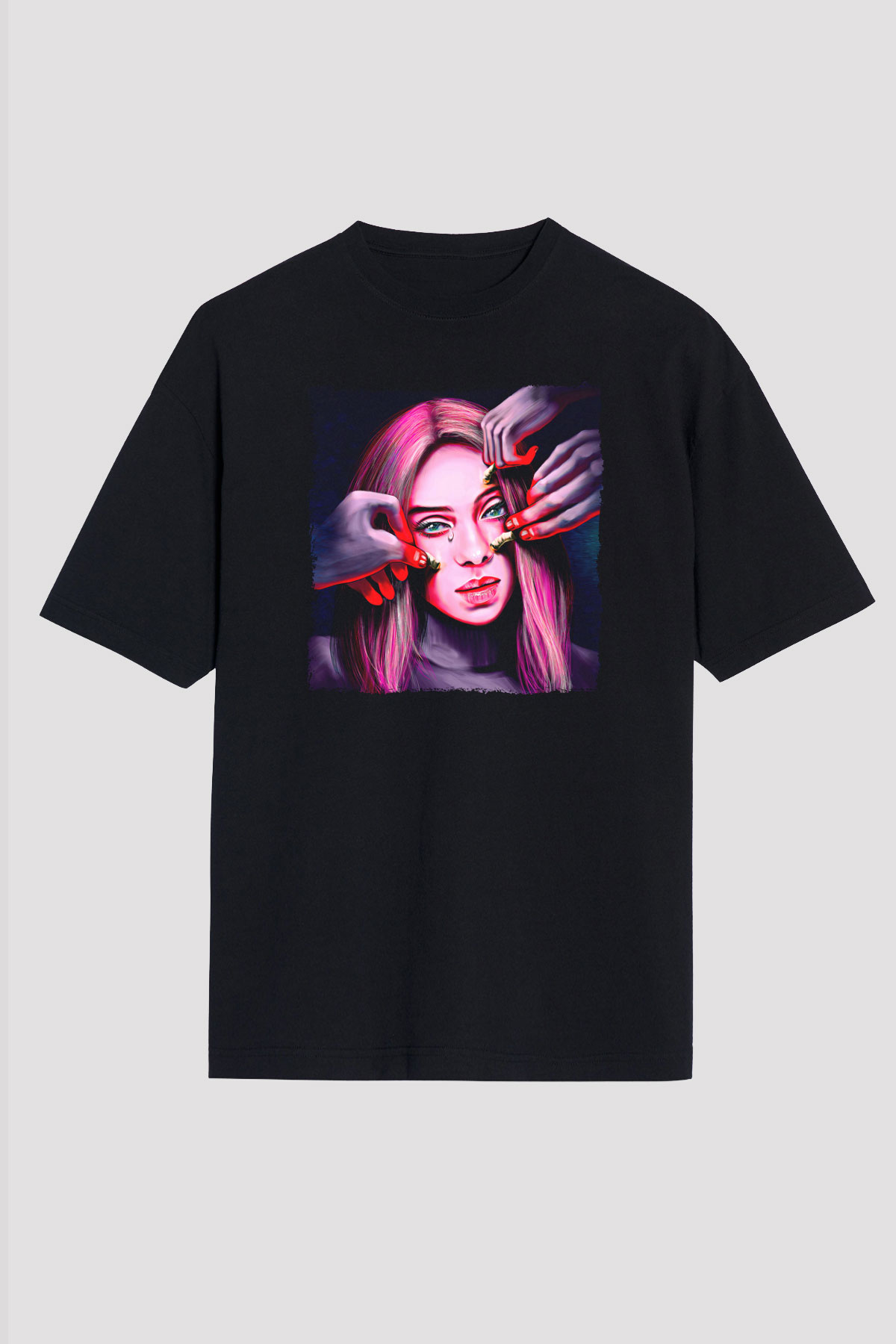 Billie Eilish Baskılı Unisex Siyah Oversize Tişört - Tshirt