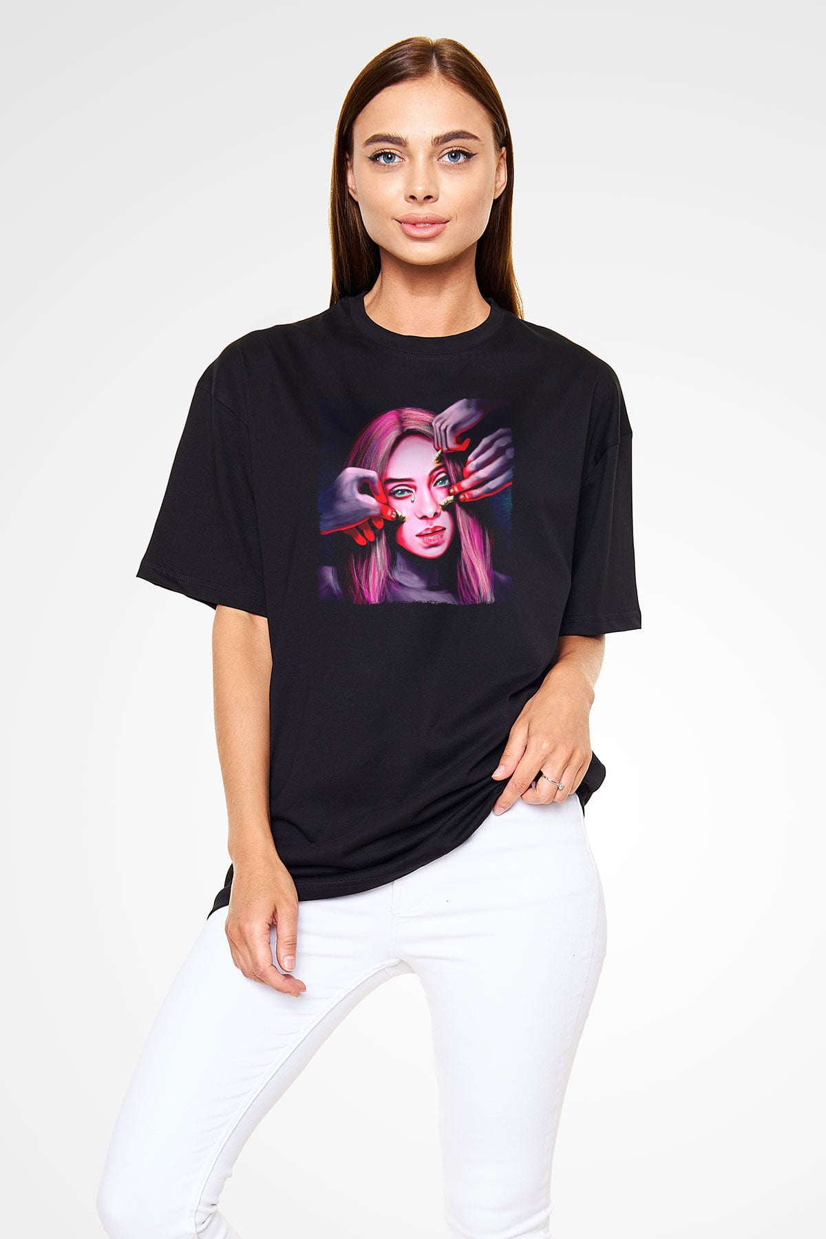 Billie Eilish Baskılı Unisex Siyah Oversize Tişört - Tshirt