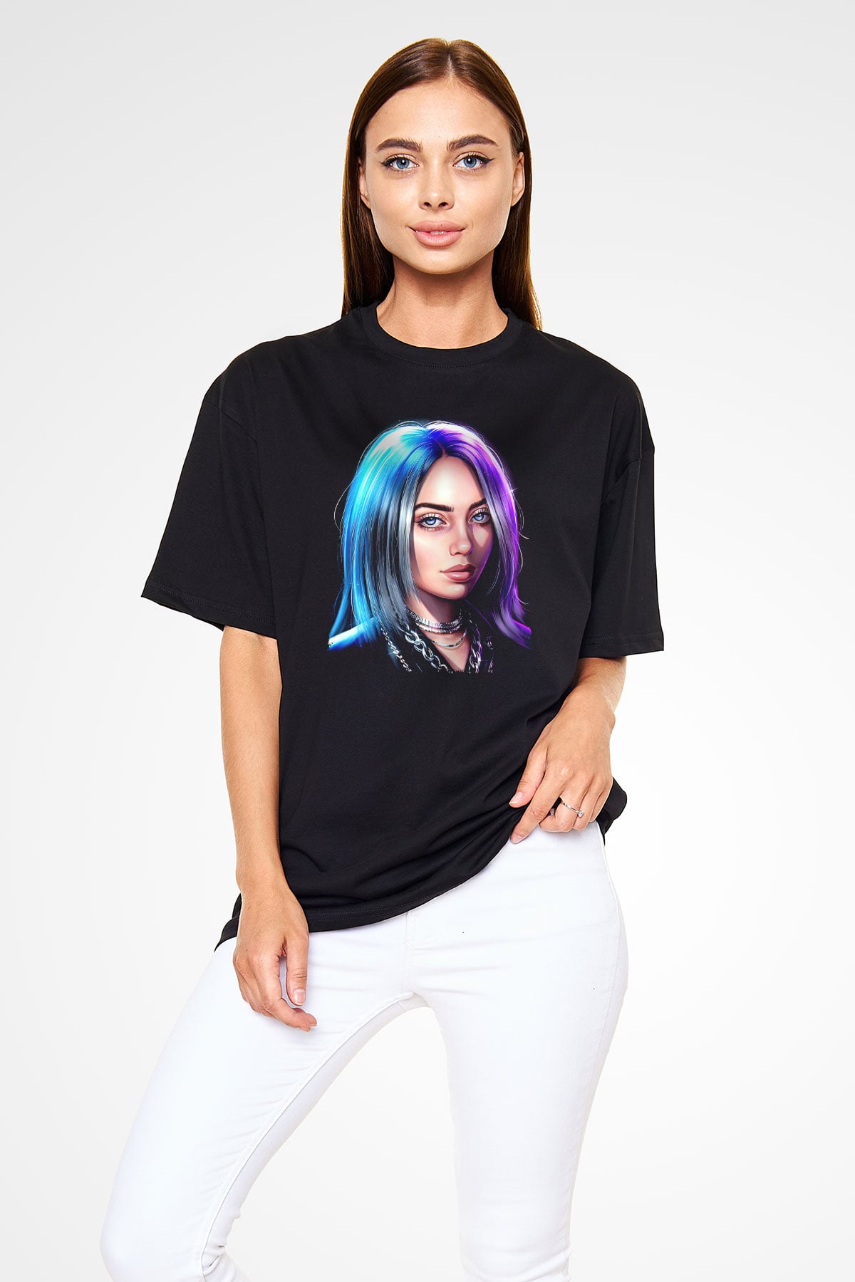Billie Eilish Baskılı Unisex Siyah Oversize Tişört - Tshirt