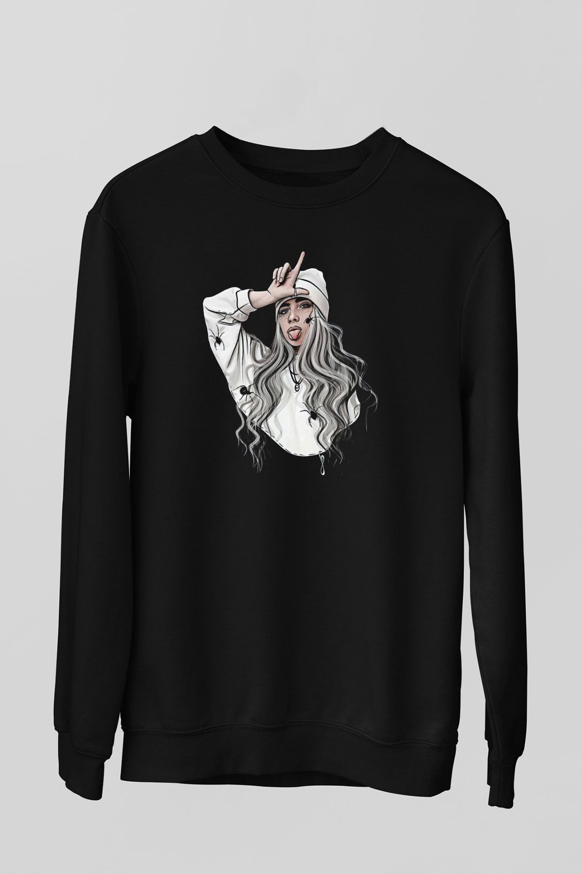 Billie Eilish Baskılı Unisex Siyah Sweatshirt