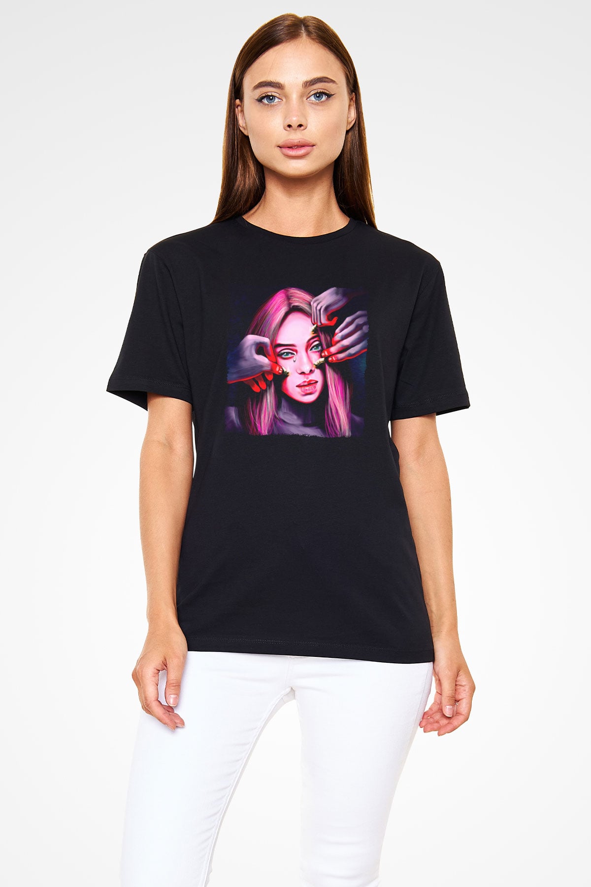 Billie Eilish Baskılı Unisex Siyah Tişört - Tshirt