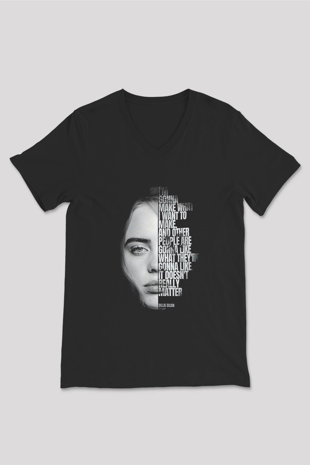 Billie Eilish Baskılı Unisex Siyah V Yaka Tişört - Tshirt