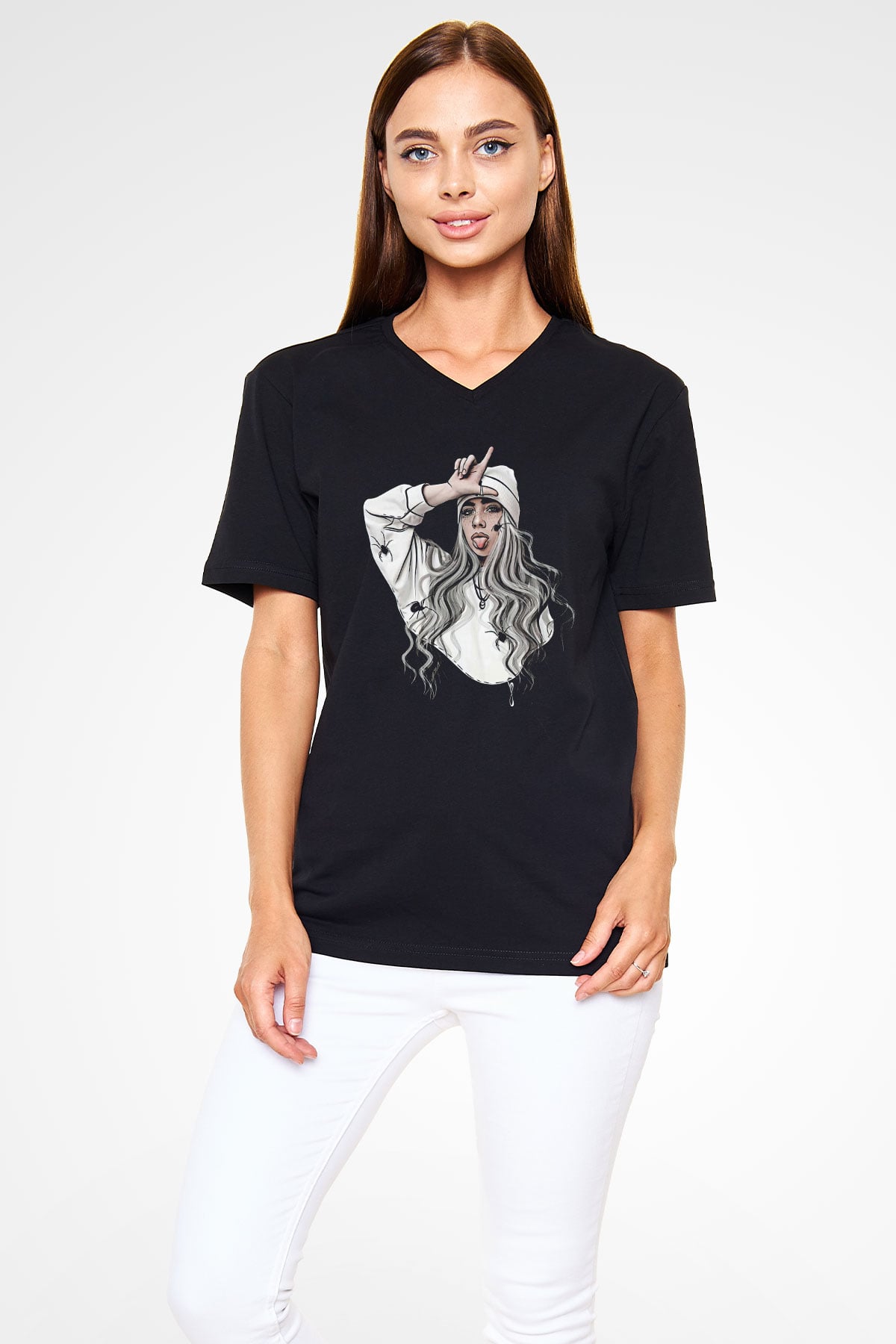 Billie Eilish Baskılı Unisex Siyah V Yaka Tişört - Tshirt