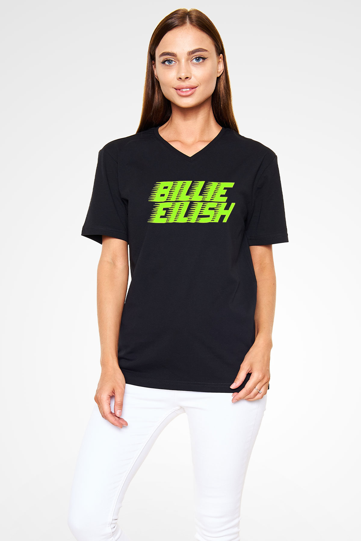 Billie Eilish Baskılı Unisex Siyah V Yaka Tişört - Tshirt