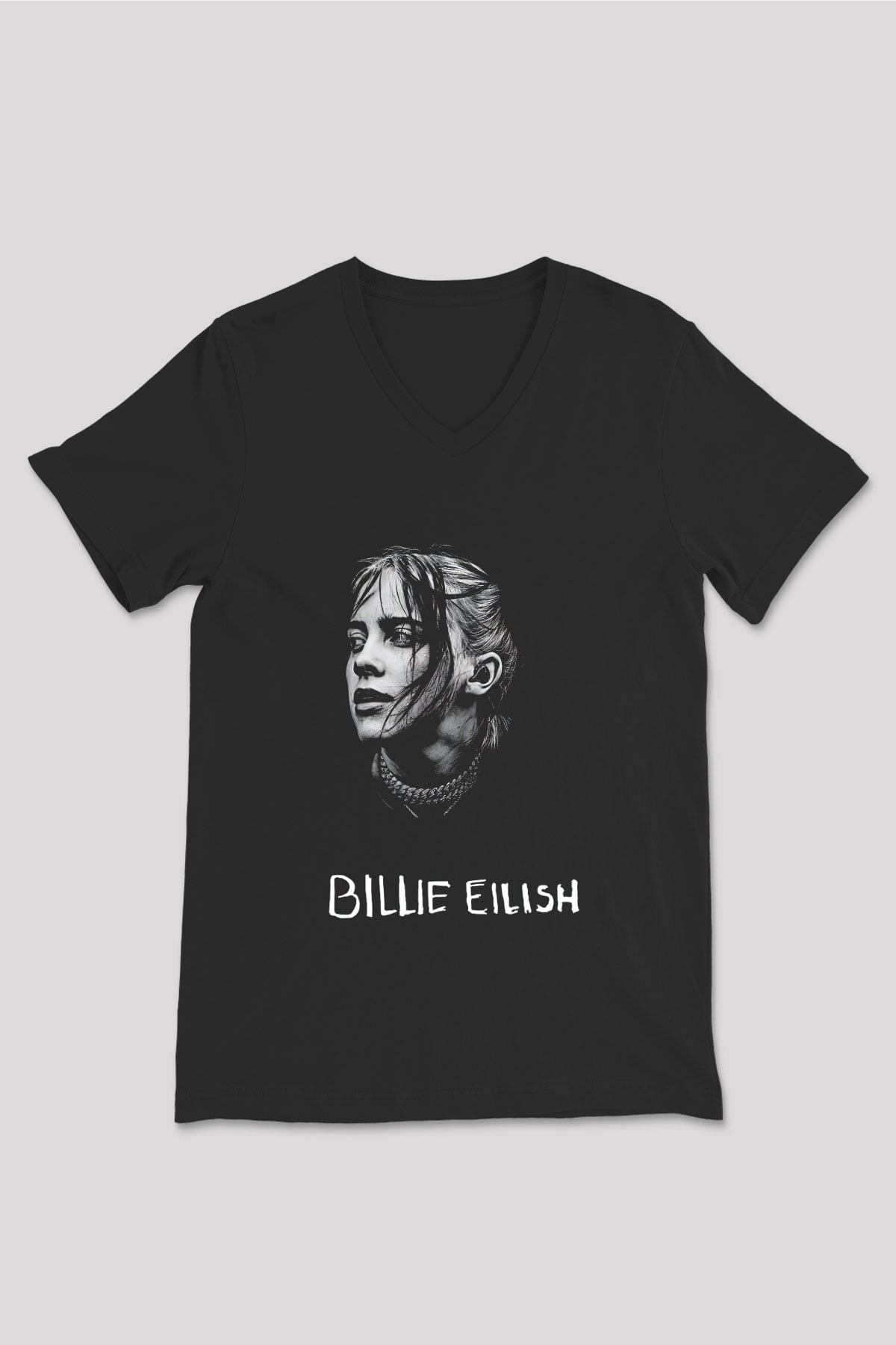 Billie Eilish Baskılı Unisex Siyah V Yaka Tişört - Tshirt