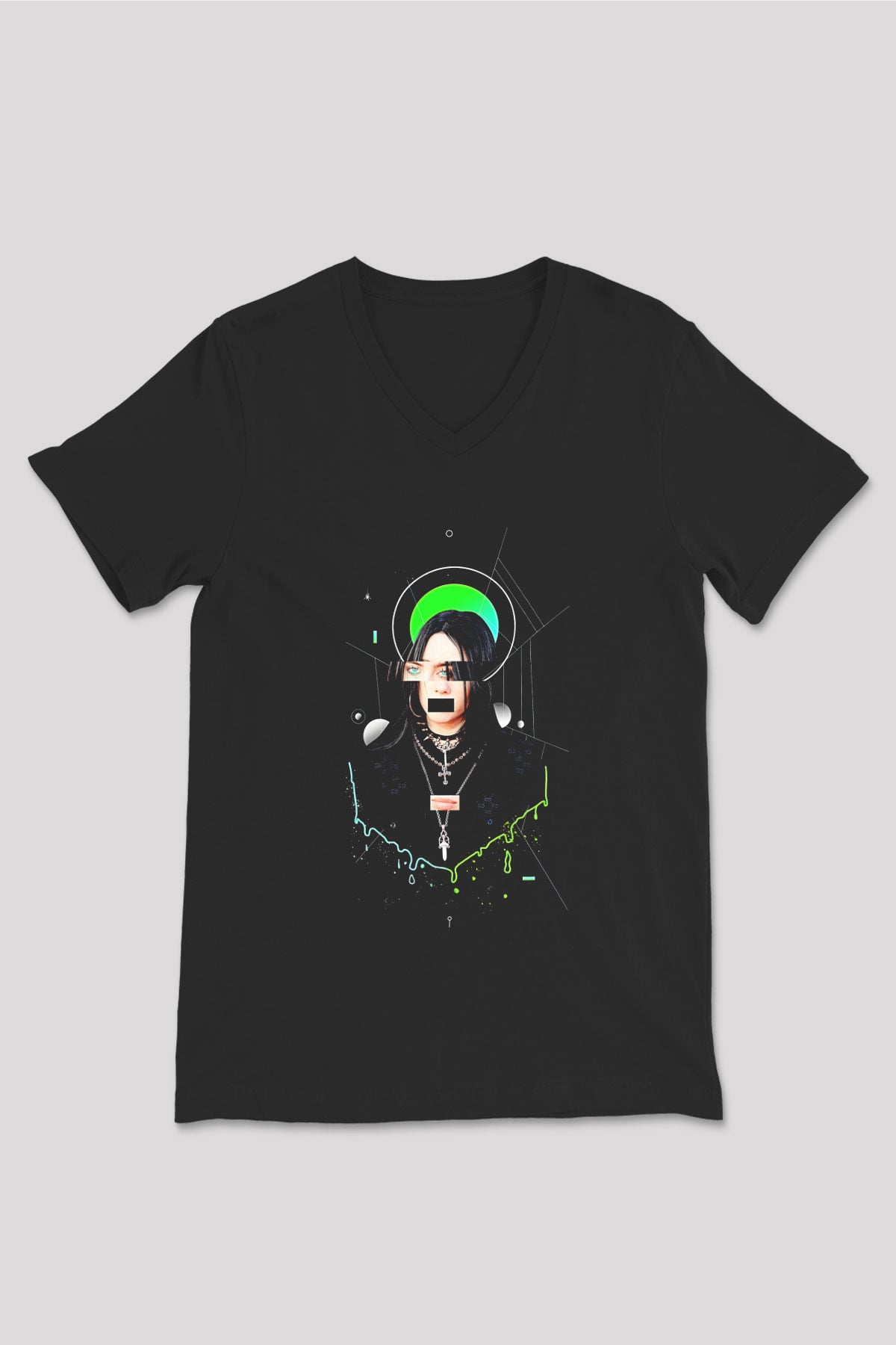 Billie Eilish Baskılı Unisex Siyah V Yaka Tişört - Tshirt