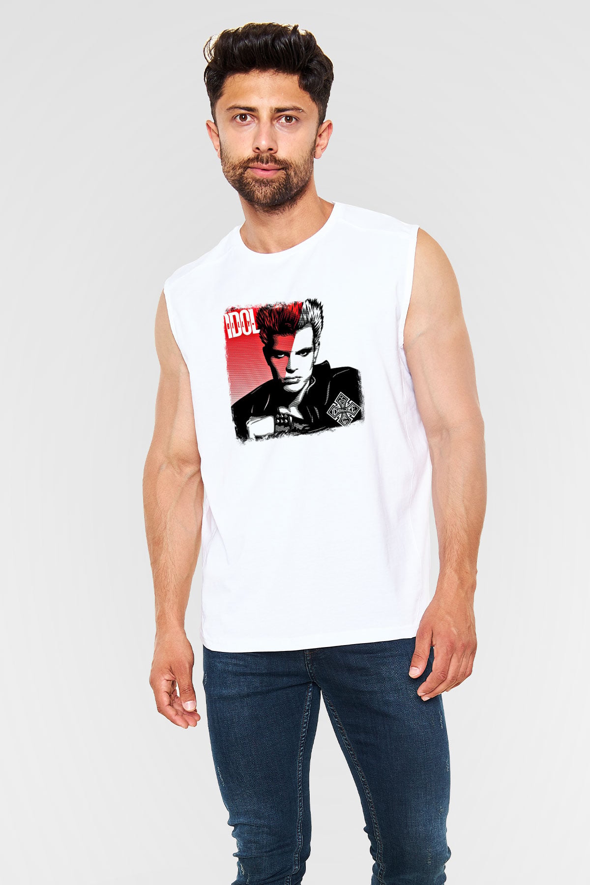 Billy Idol Baskılı Unisex Beyaz Kolsuz Tişört