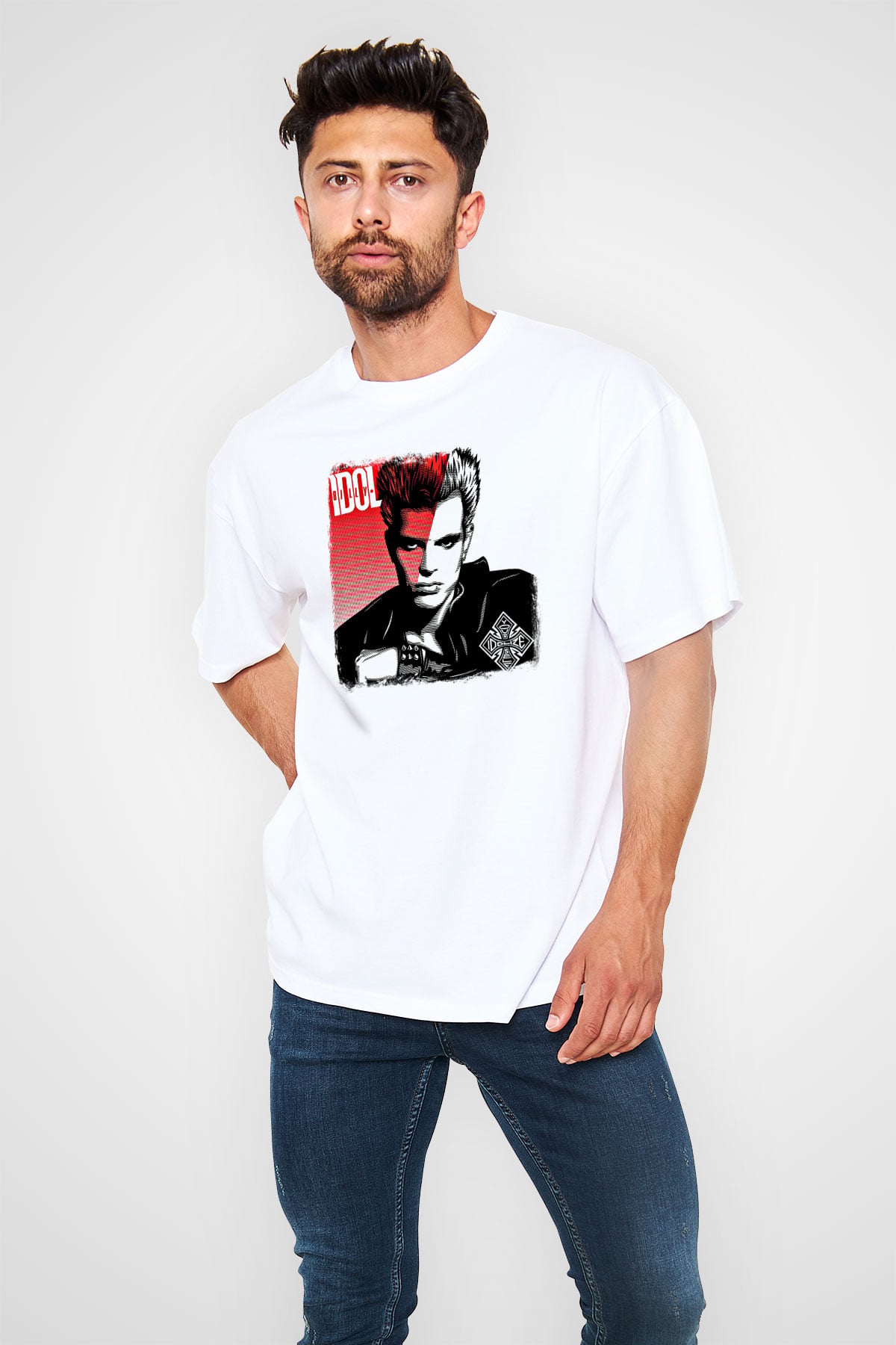 Billy Idol Baskılı Unisex Beyaz Oversize Tişört