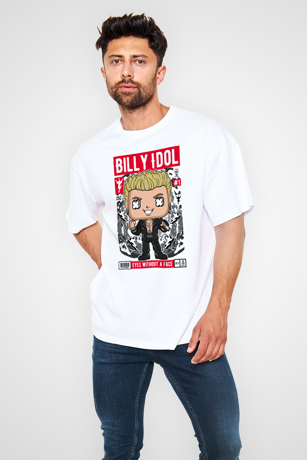 Billy Idol Baskılı Unisex Beyaz Oversize Tişört
