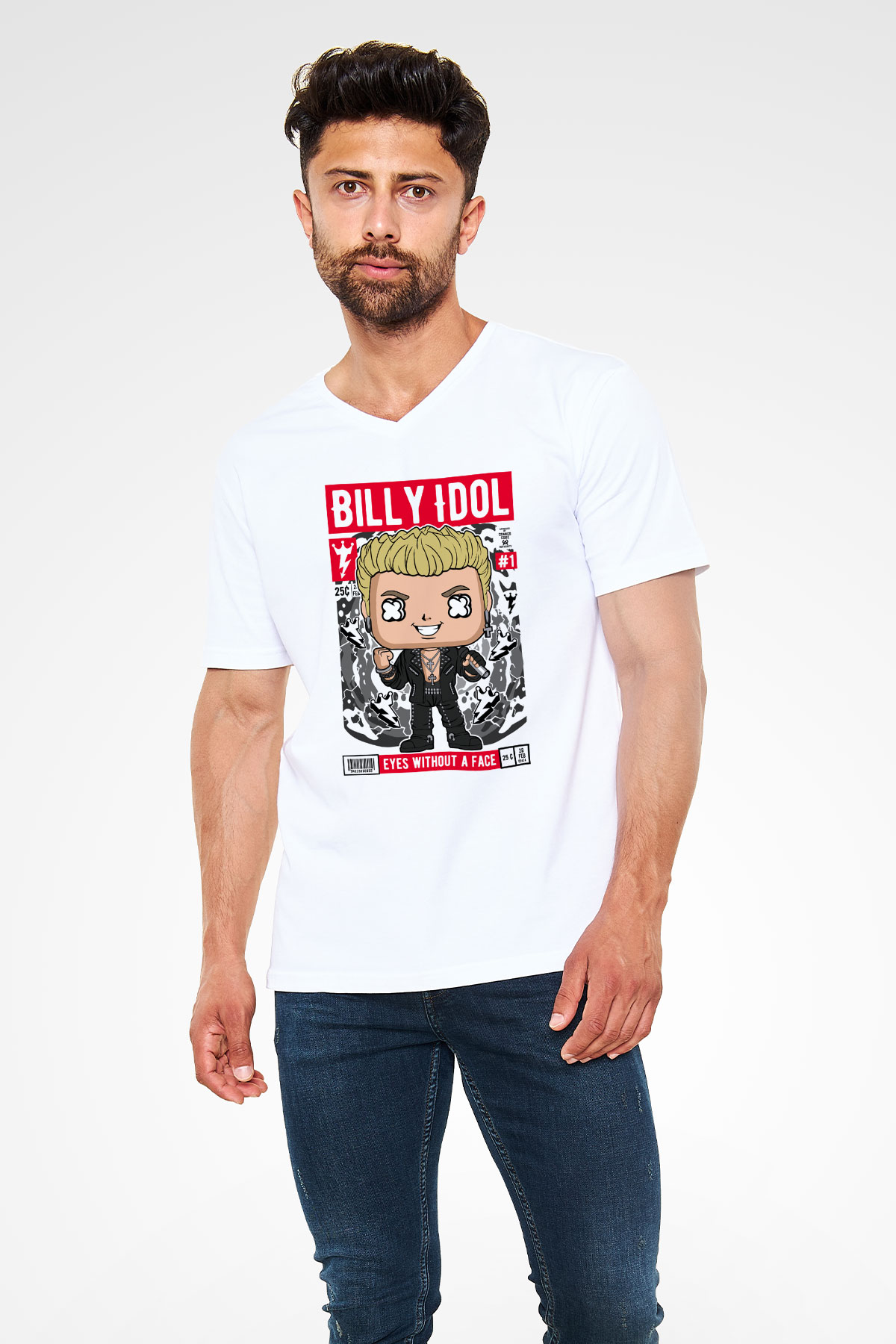 Billy Idol Baskılı Unisex Beyaz V Yaka Tişört