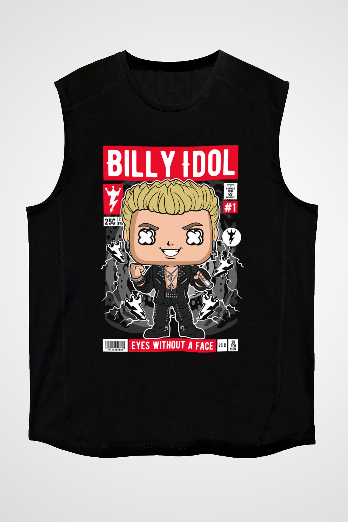 Billy Idol Baskılı Unisex Siyah Kolsuz Tişört