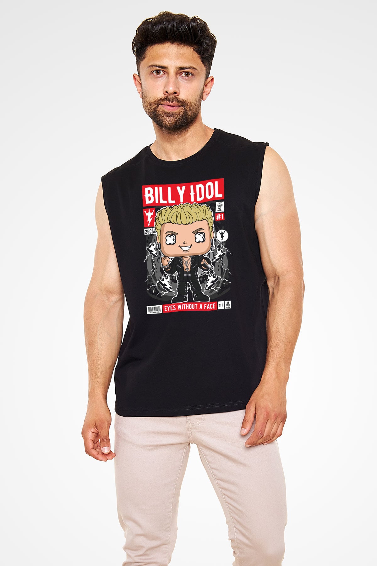 Billy Idol Baskılı Unisex Siyah Kolsuz Tişört
