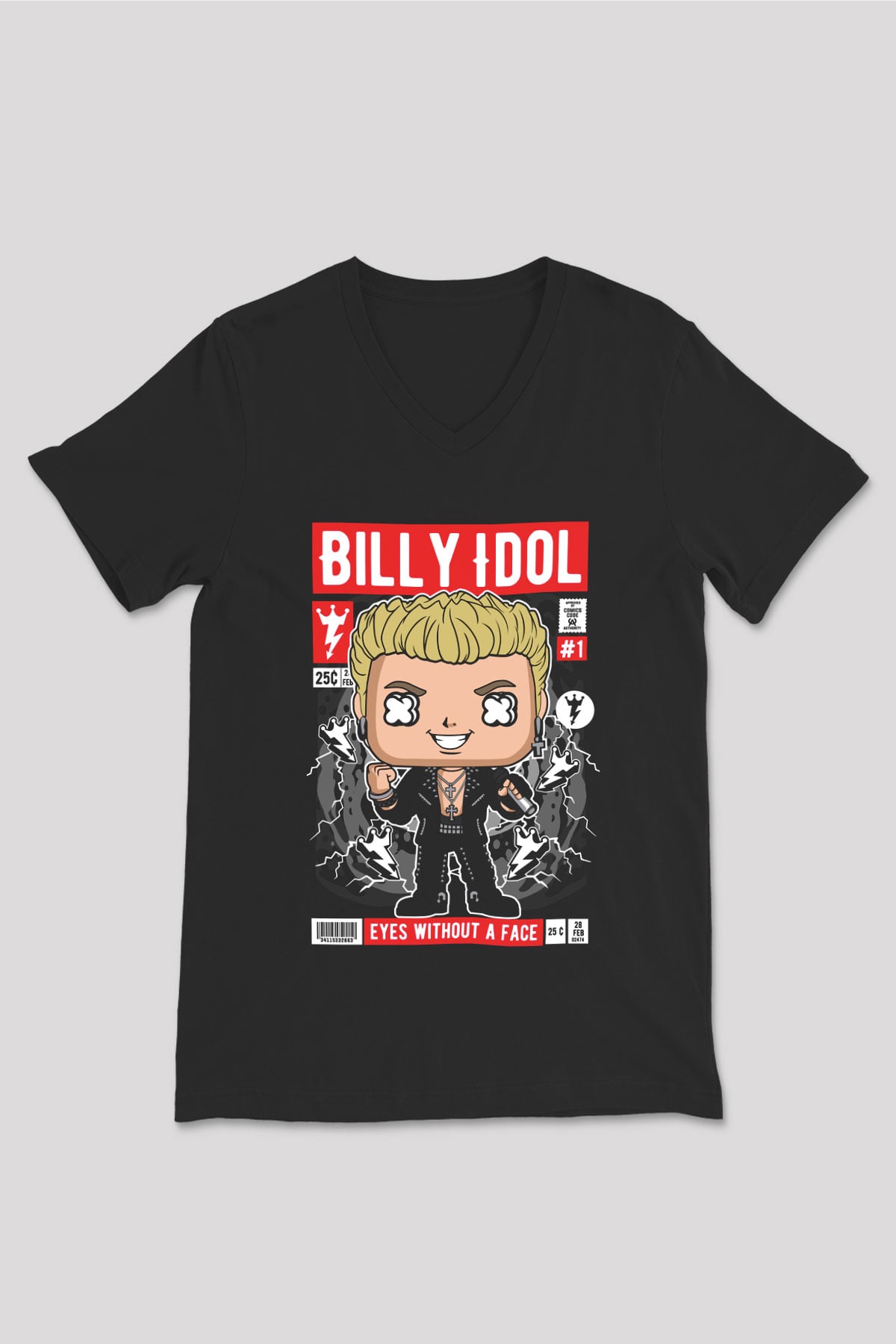 Billy Idol Baskılı Unisex Siyah V Yaka Tişört