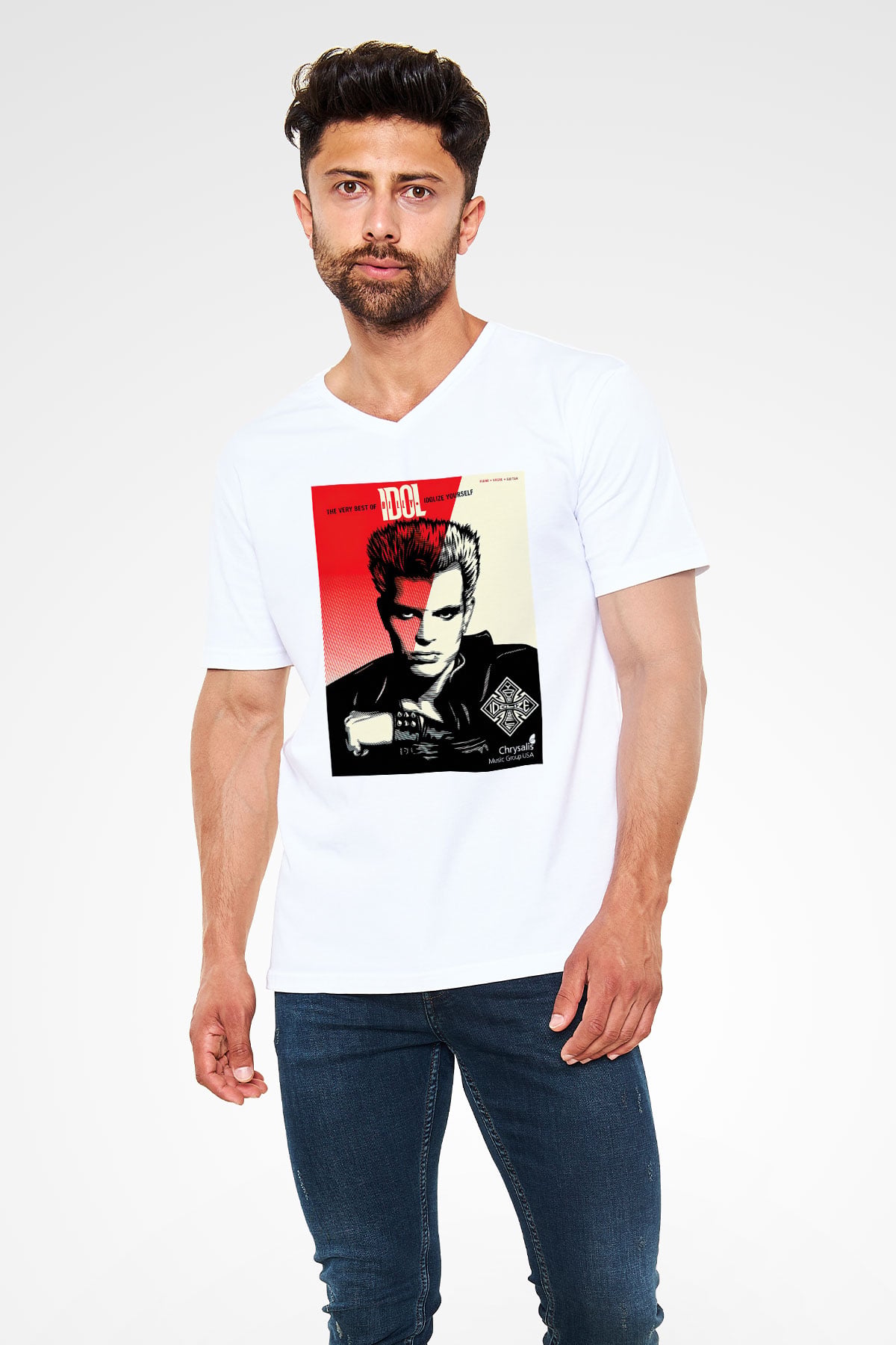Billy Idol Beyaz Unisex V Yaka Tişört T-Shirt