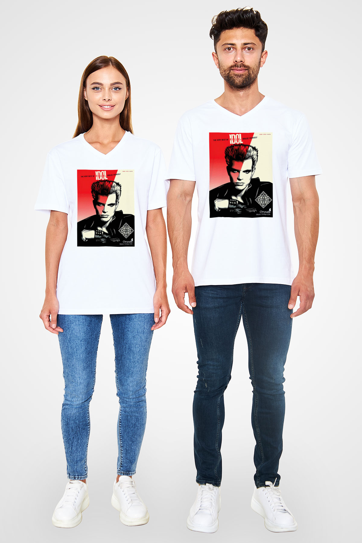 Billy Idol Beyaz Unisex V Yaka Tişört T-Shirt